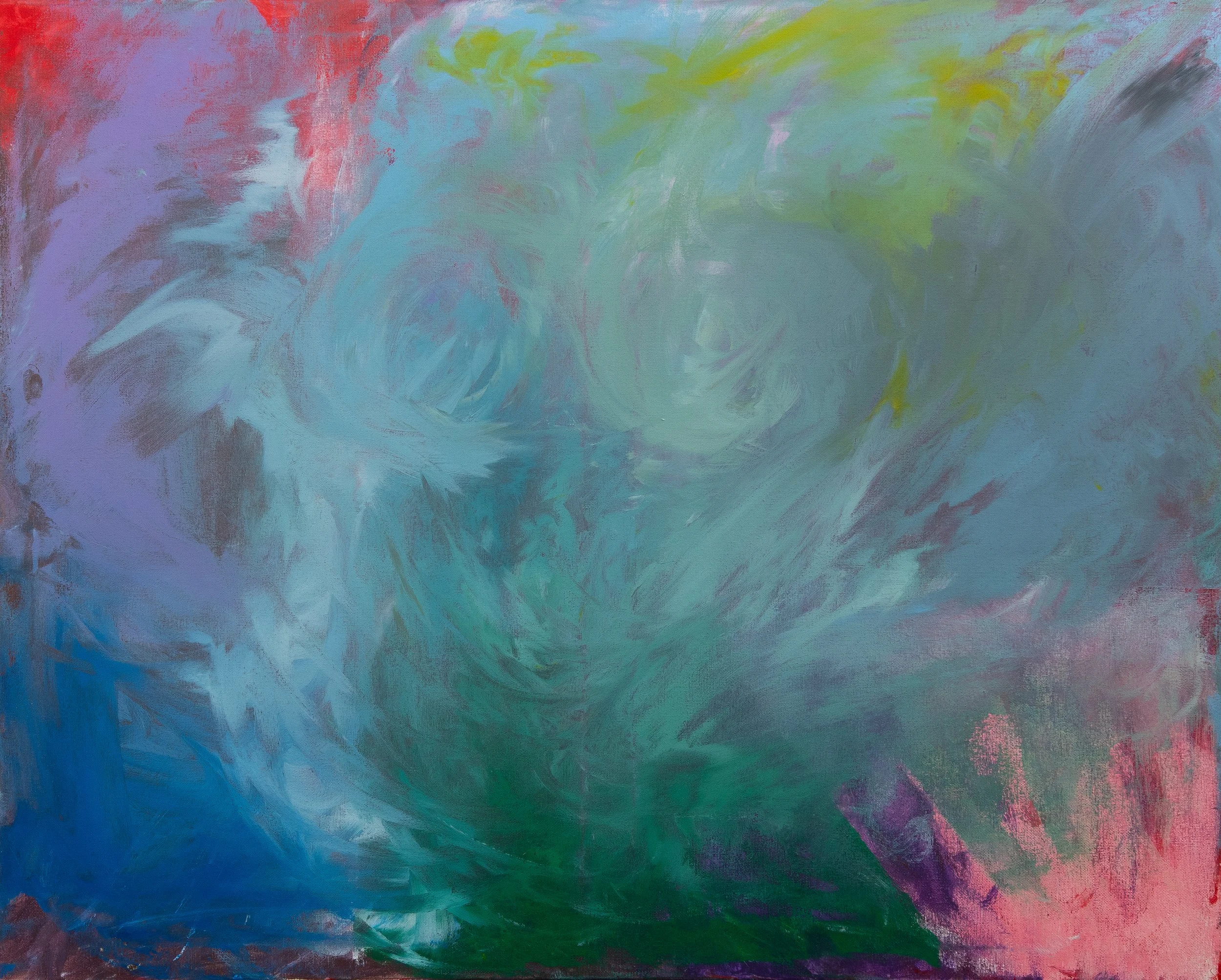 Pintura abstracta con colores en tonos azules, verdes, rosas y morados con trazos suaves y formas onduladas.