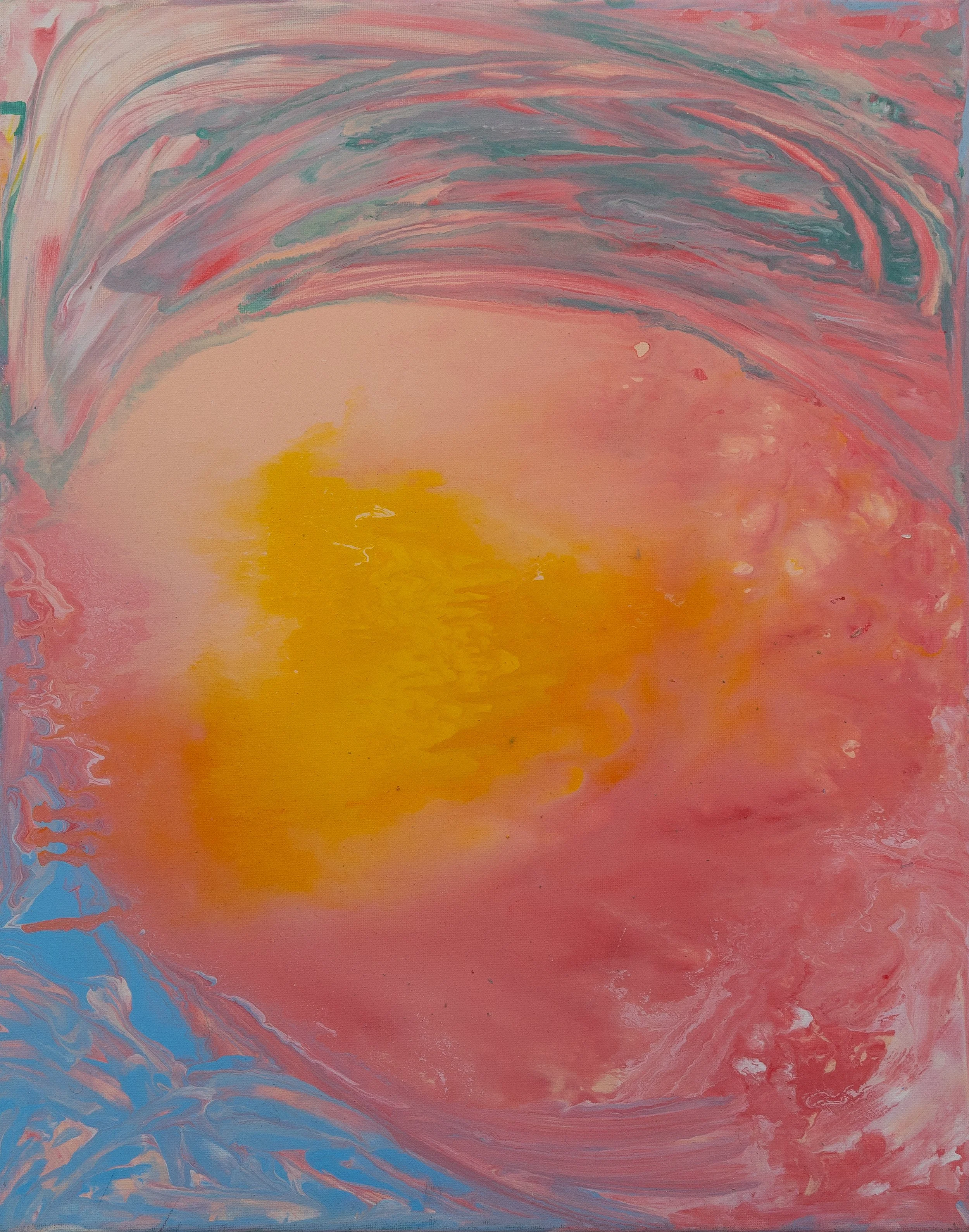 Pintura abstracta con colores cálidos en tonos rosados, naranjas, azules y amarillos, con trazos suaves y difusos.