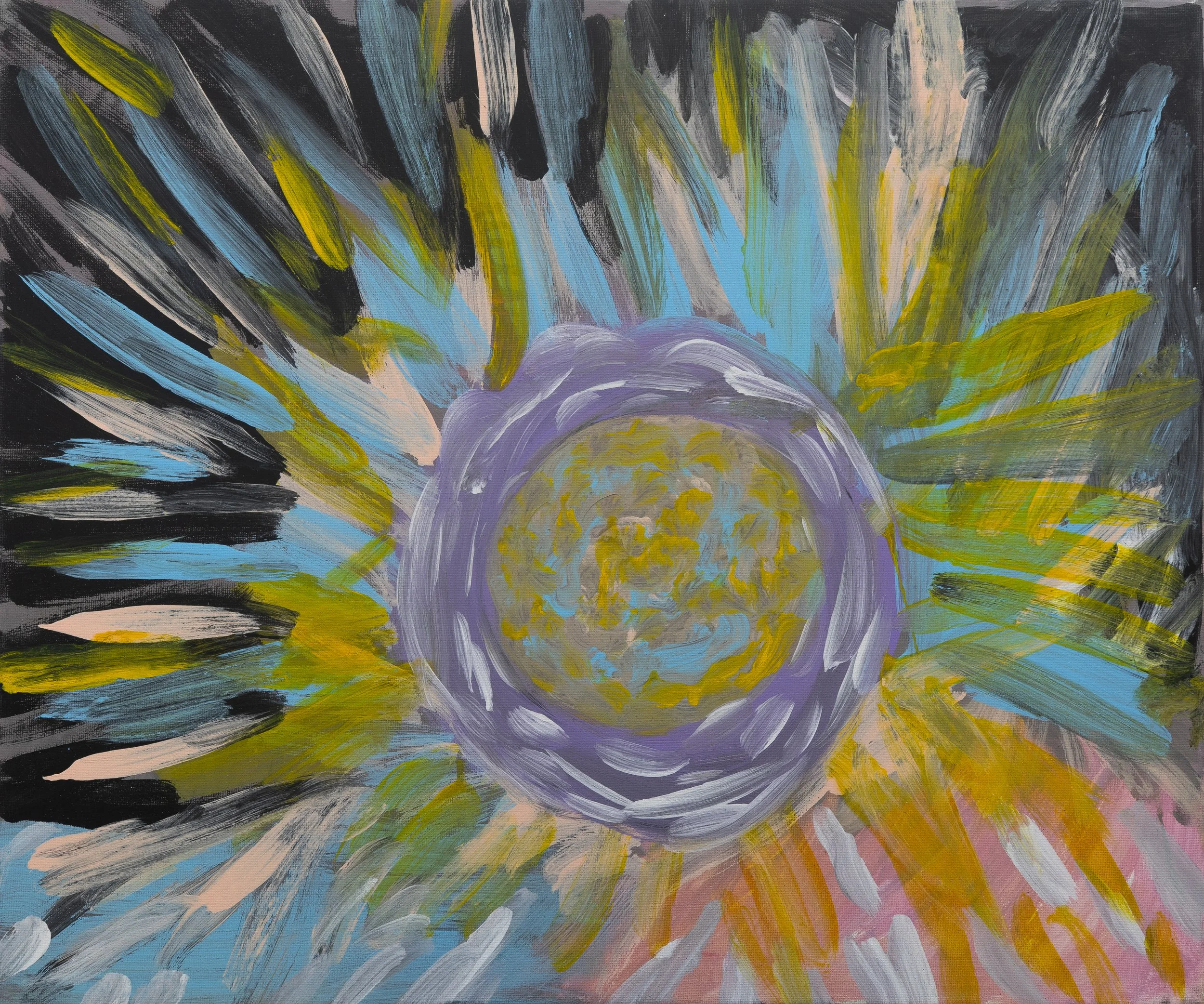 Pintura abstracta con un fondo oscuro y rayas de colores vibrantes que irradian desde el centro, donde hay un círculo gris con detalles dorados y tonos lilas y azules alrededor.