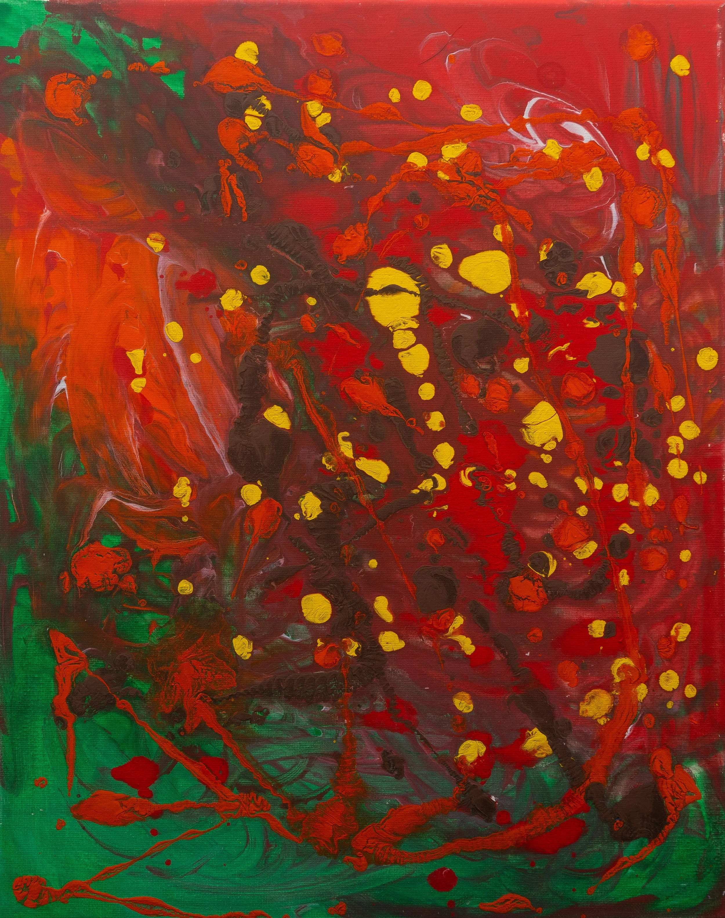 Pintura abstracta con manchas de color rojo, amarillo y verde, con líneas y formas difusas.