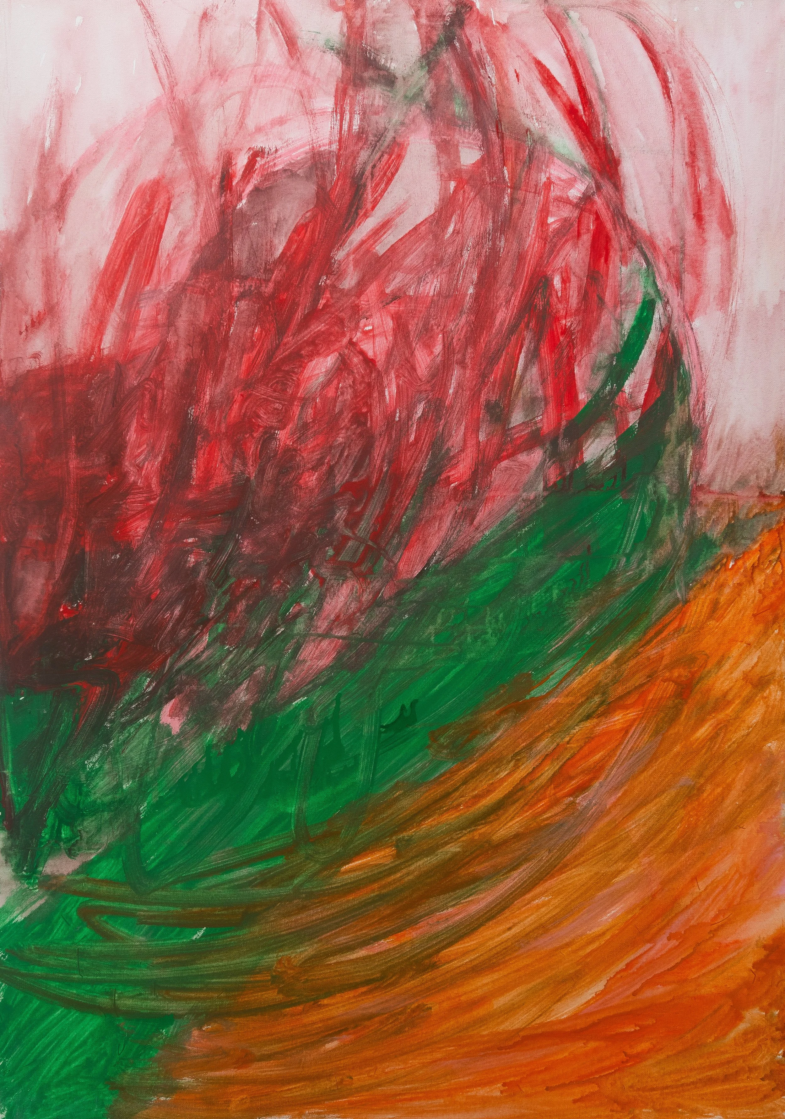 Pintura abstracta con colores rojo, verde y naranja, con trazos y formas dinámicas.