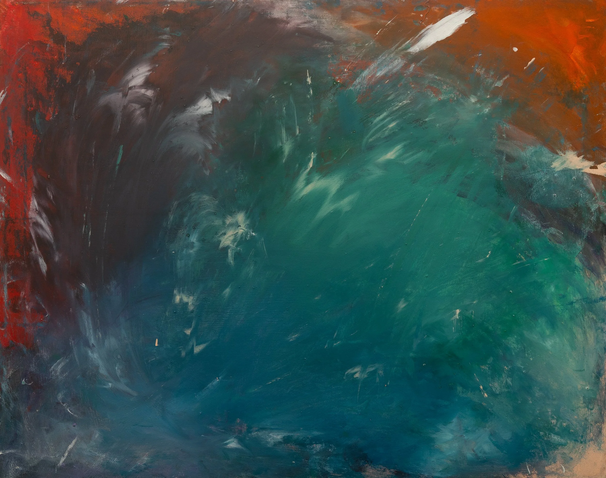 Pintura abstracta con colores verdes, azules, negros, blancos y toques de rojo y naranja.