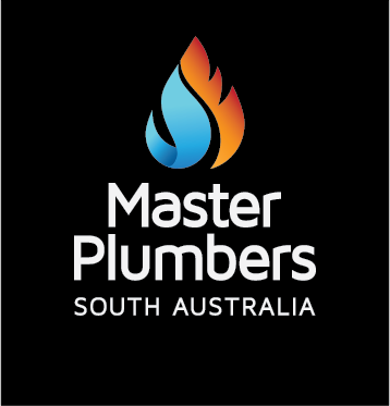 Logo for Master Plumbers South Australia with a stylized flame and water droplet above the text