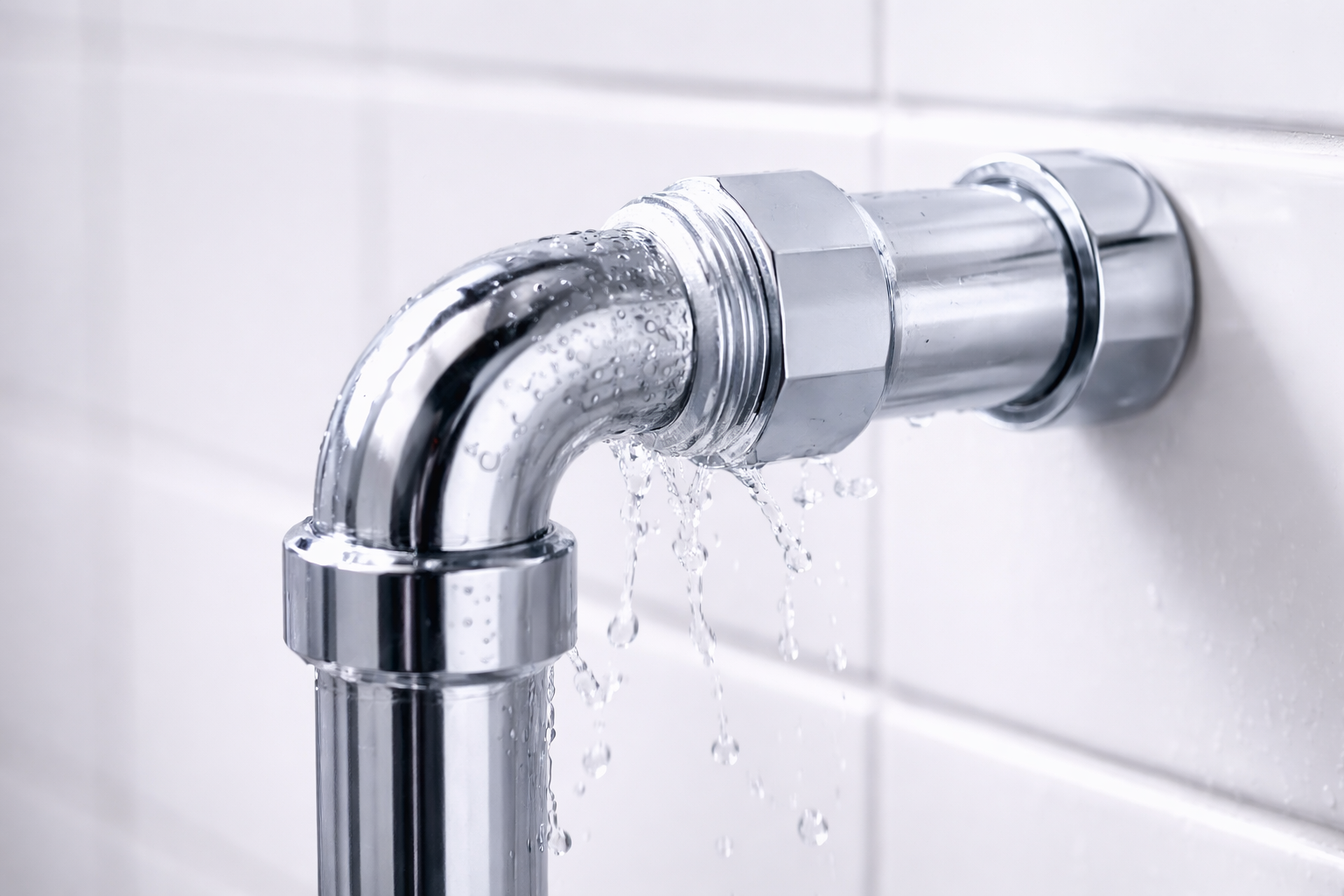 Close-up of a metal water pipe with water leaking from the joint.