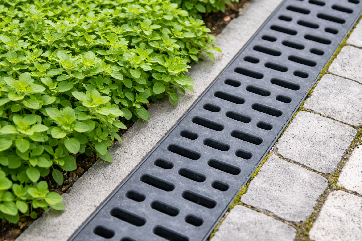 Close-up view of a drainage grate next to a brick sidewalk and a row of green bushes.