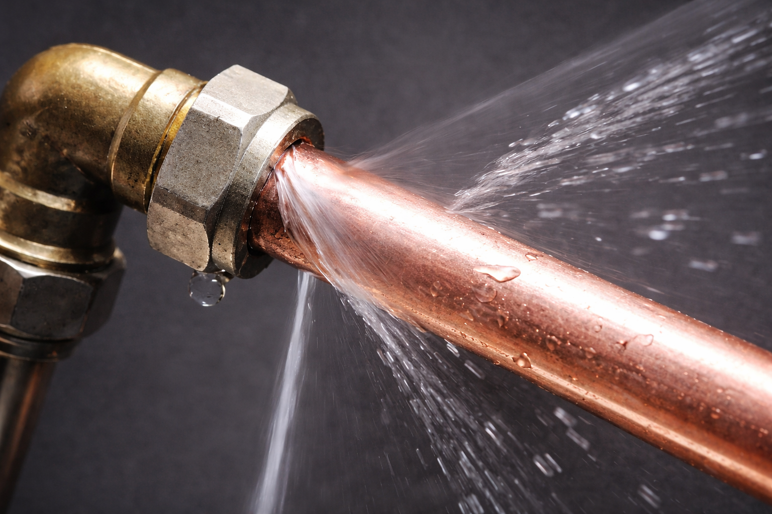 A close-up of a water leak from a metal pipe fitting.