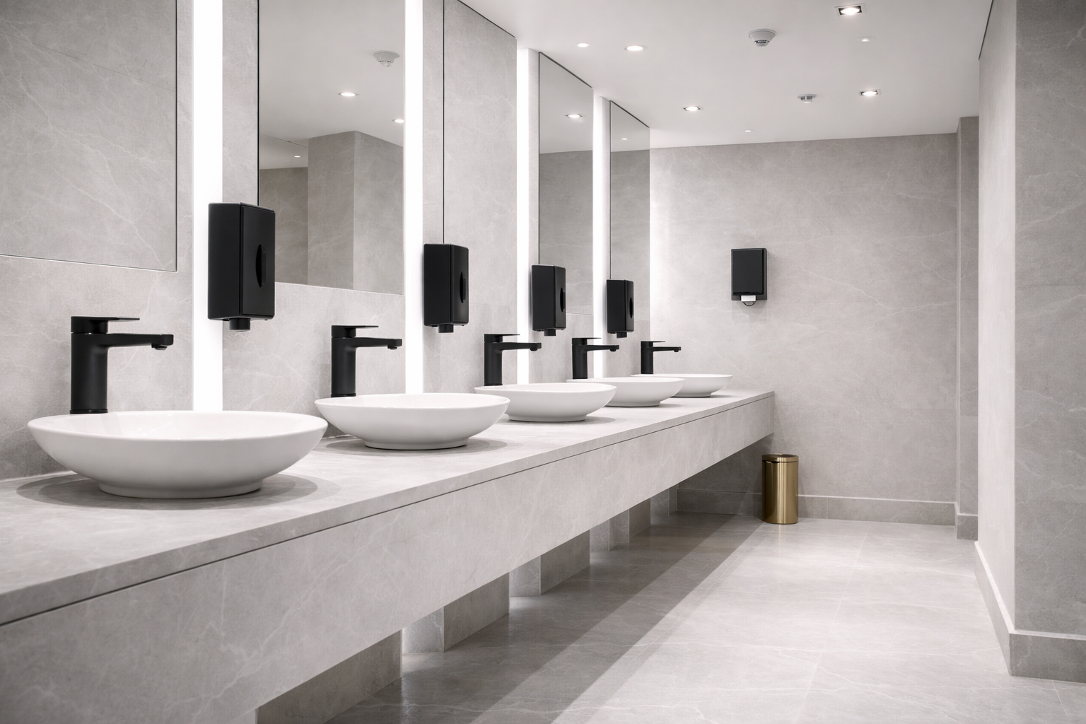 Public restroom with five white sinks, black faucets, large mirrors, black soap dispensers above each sink, and a gold trash bin on the floor.