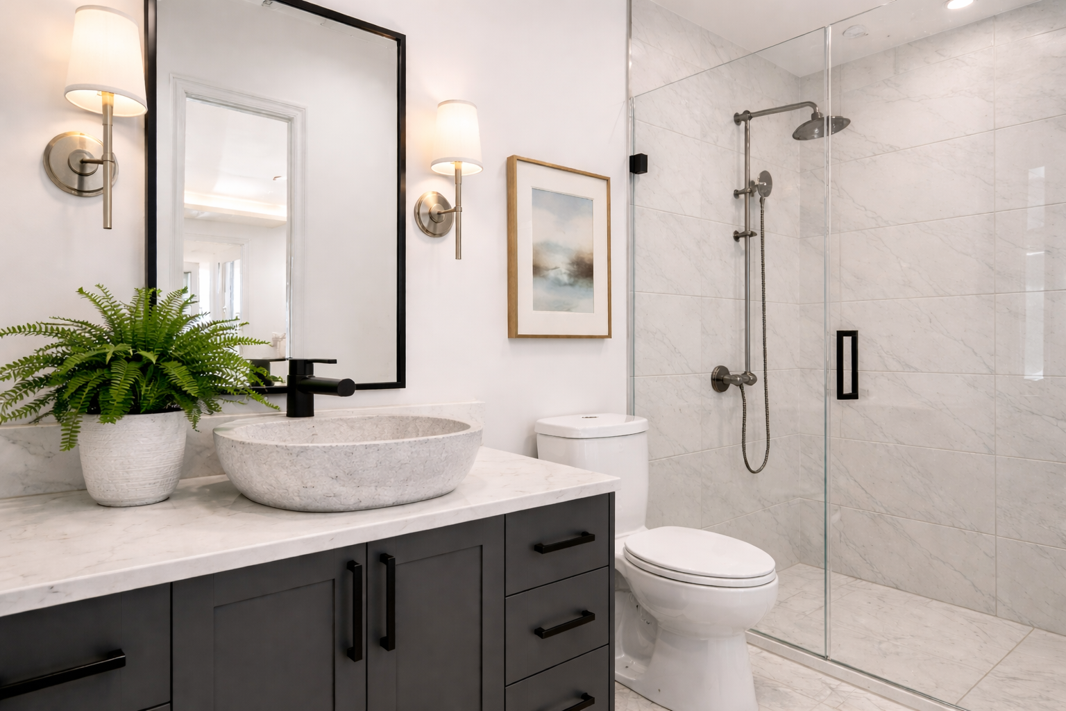 Modern bathroom with white walls, a marble countertop with a stone sink, a black faucet, a potted fern, a framed abstract painting, a white toilet, and a glass-enclosed shower with marble tiles and a shower head.