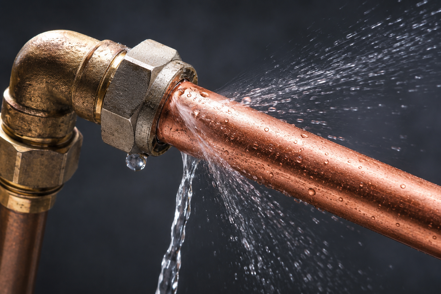 A close-up of a metal plumbing pipe with water flowing out, surrounded by water spray in a dark background.