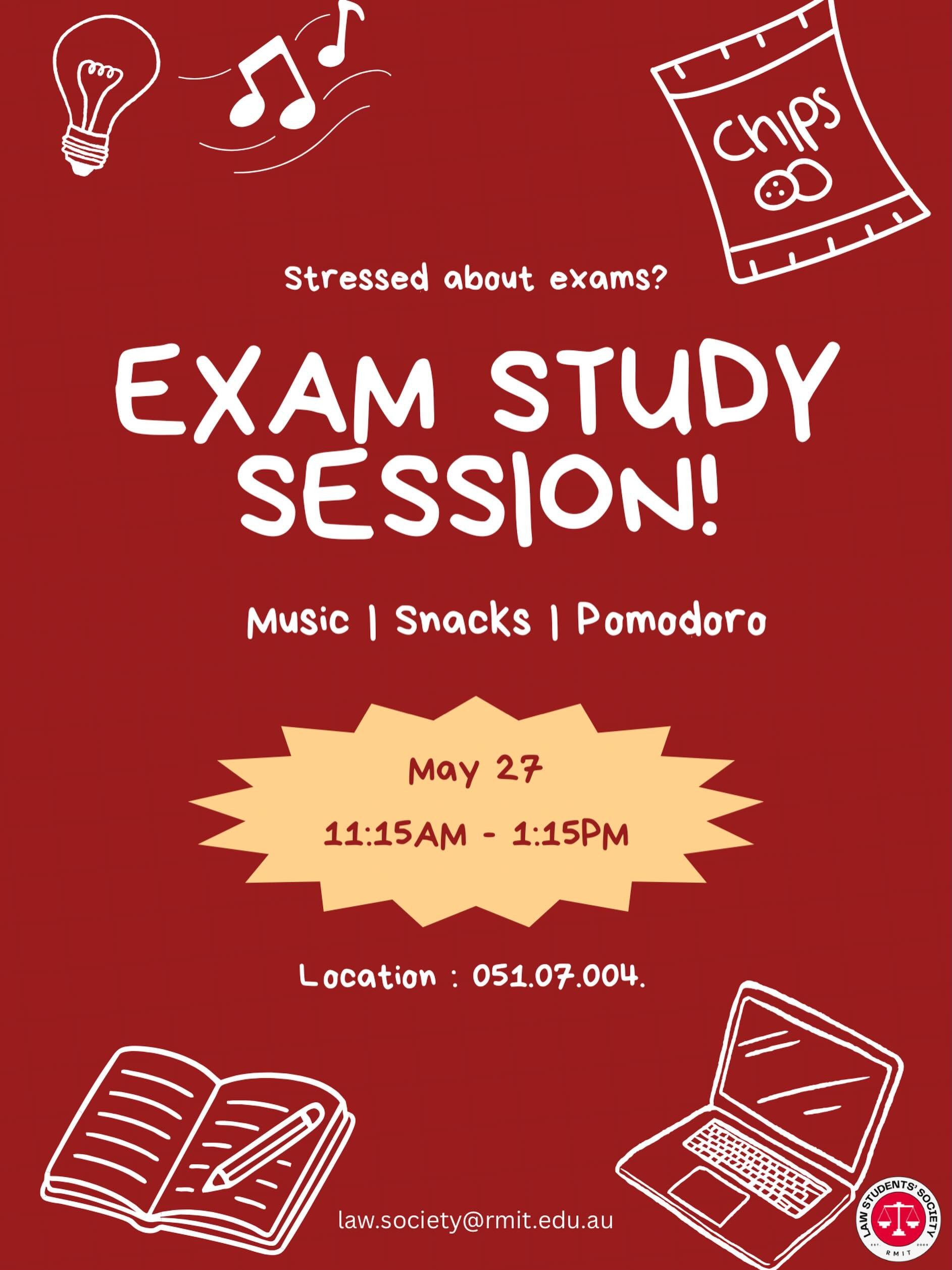 Struggling to feel motivated? Find it hard to study alone? 

Join us at Building 51, Level 7, Room 4 on the 27th of May, 11:15am - 1:15pm for a student-led exam study session using the pomodoro technique. Snacks provided! 🍿🍟

Bring your friends or 