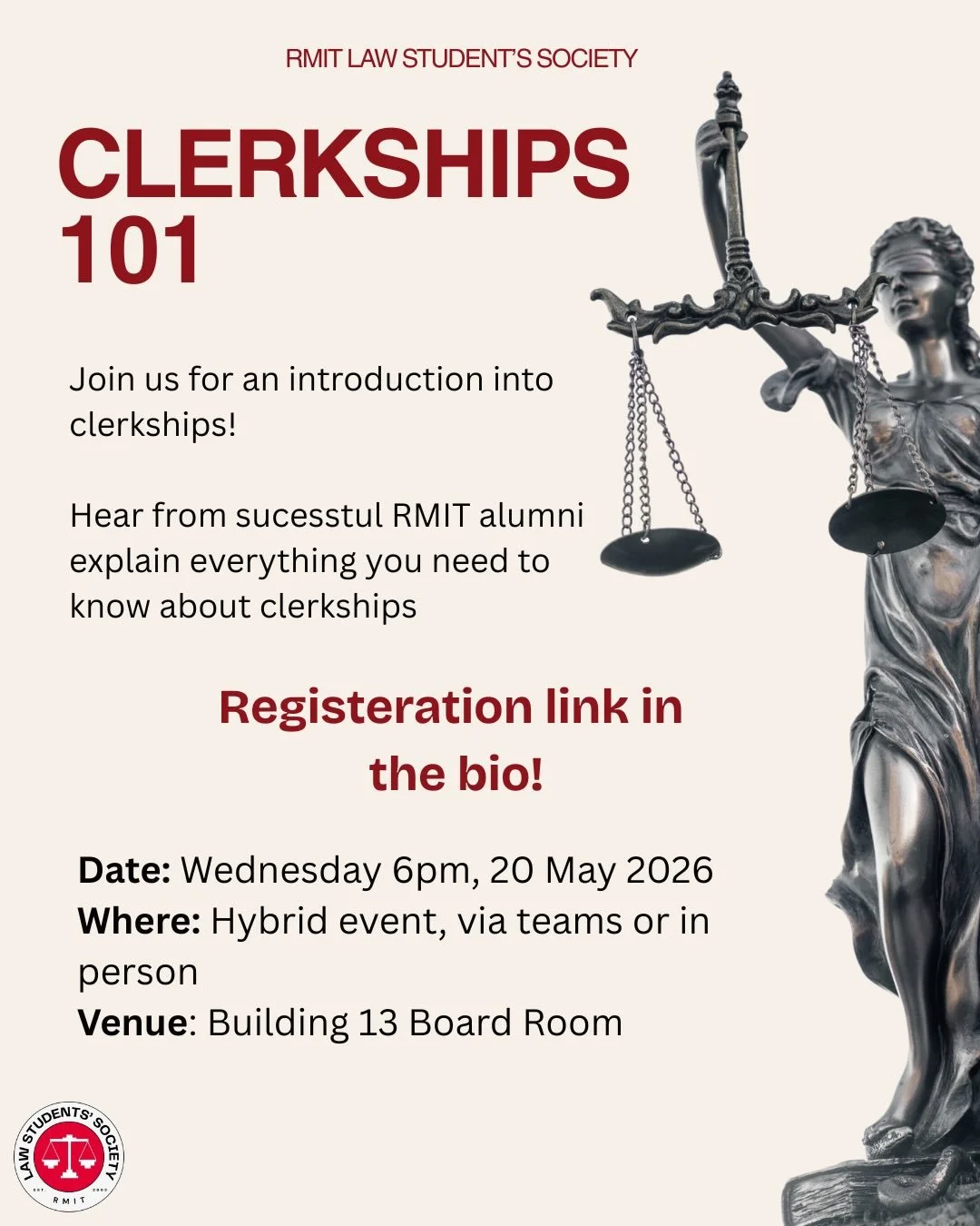 ⚖️ CLERKSHIPS 101

Interested in clerkships but not sure where to start? Join us for Clerkships 101 and hear directly from successful RMIT alumni about their clerkship experiences, application tips, and journey into the legal profession.

Our speaker