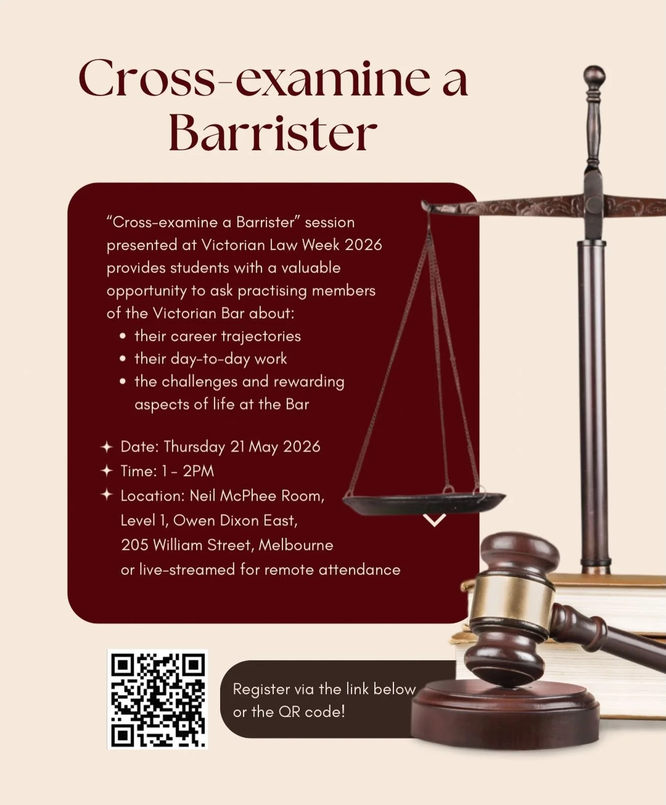 ⚖️ Cross-Examine a Barrister | Victorian Law Week 2026

Ever wondered what life at the Bar is actually like?

Join the Student Engagement Committee and Indigenous Justice Committee for an exciting Victorian Law Week event where you&rsquo;ll have the 