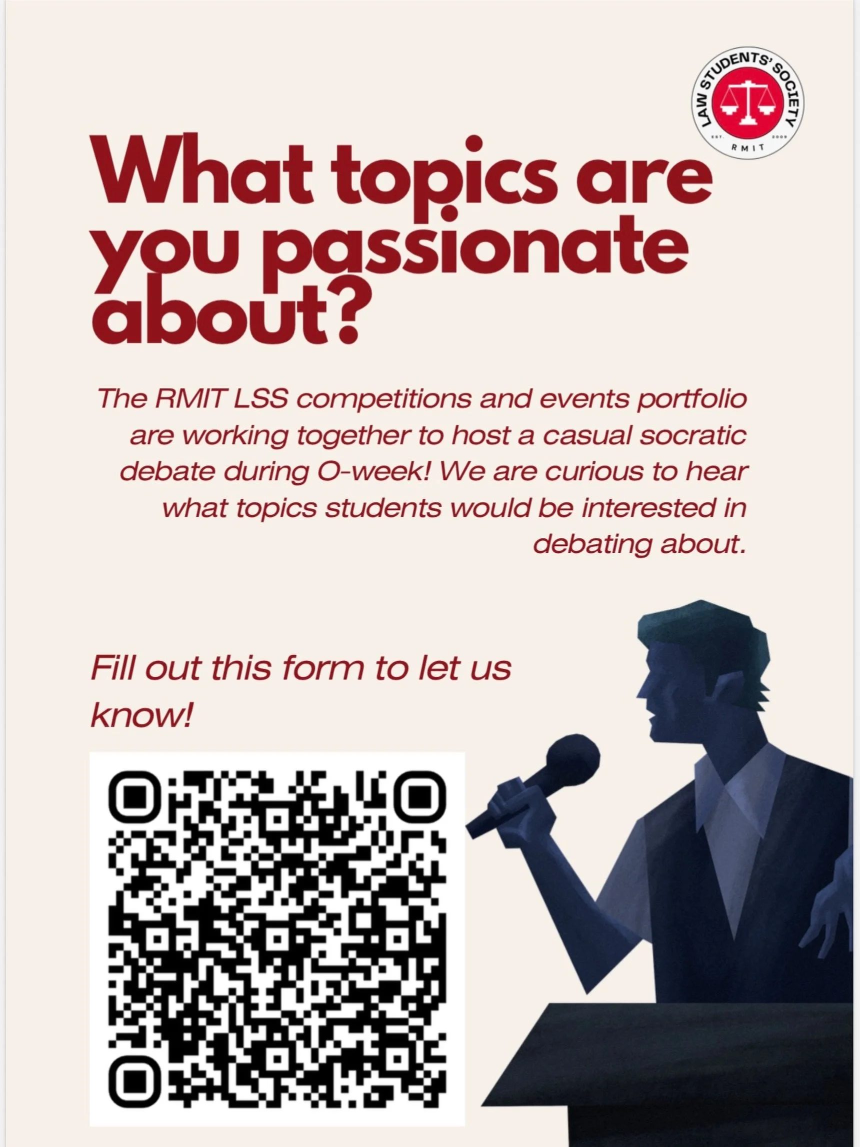 📣 WHAT TOPICS ARE YOU PASSIONATE ABOUT?

The Competitions &amp; Events Portfolios are teaming up this O-Week to host a casual Socratic Debate Night 🗣️⚖️ and we want to hear from YOU!

From controversial legal issues to pop culture debates, social i
