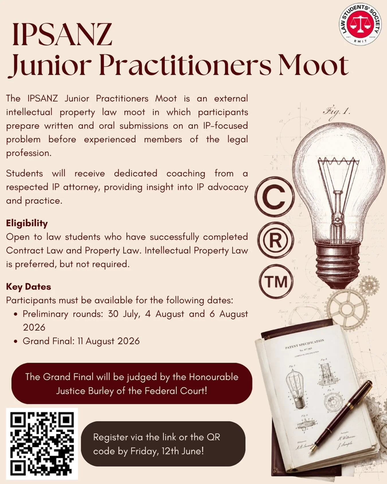 💡⚖️ IPSANZ Junior Practitioners Moot

Interested in intellectual property law? The IPSANZ Junior Practitioners Moot is a unique opportunity to develop your advocacy skills through an external IP-focused moot competition.

Prepare written and oral su