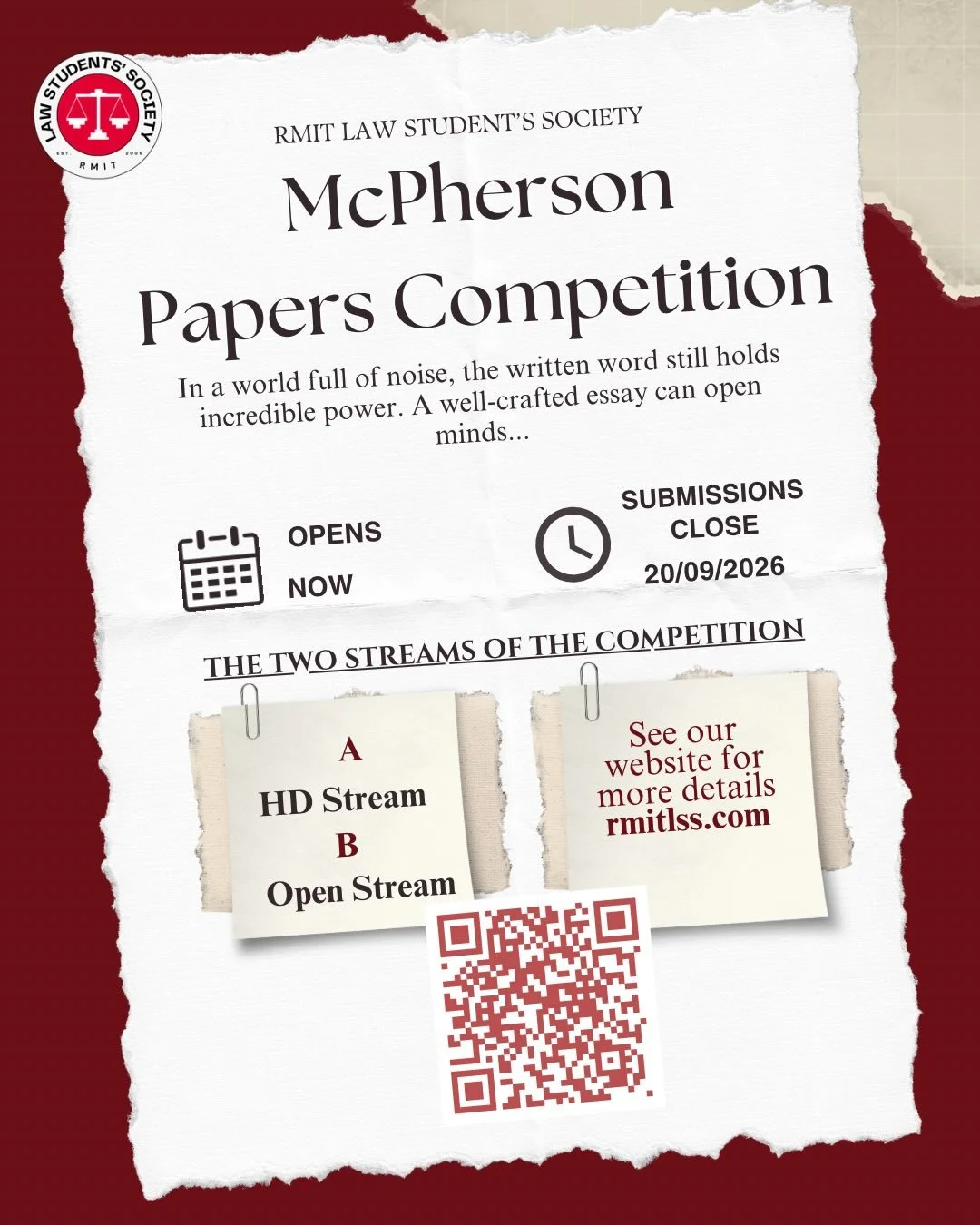 📝 McPherson Papers Competition 2026 ⚖️

In a world full of noise, the written word still has the power to persuade, challenge ideas, and inspire change. 

The McPherson Papers Competition celebrates the power of legal writing and provides students w