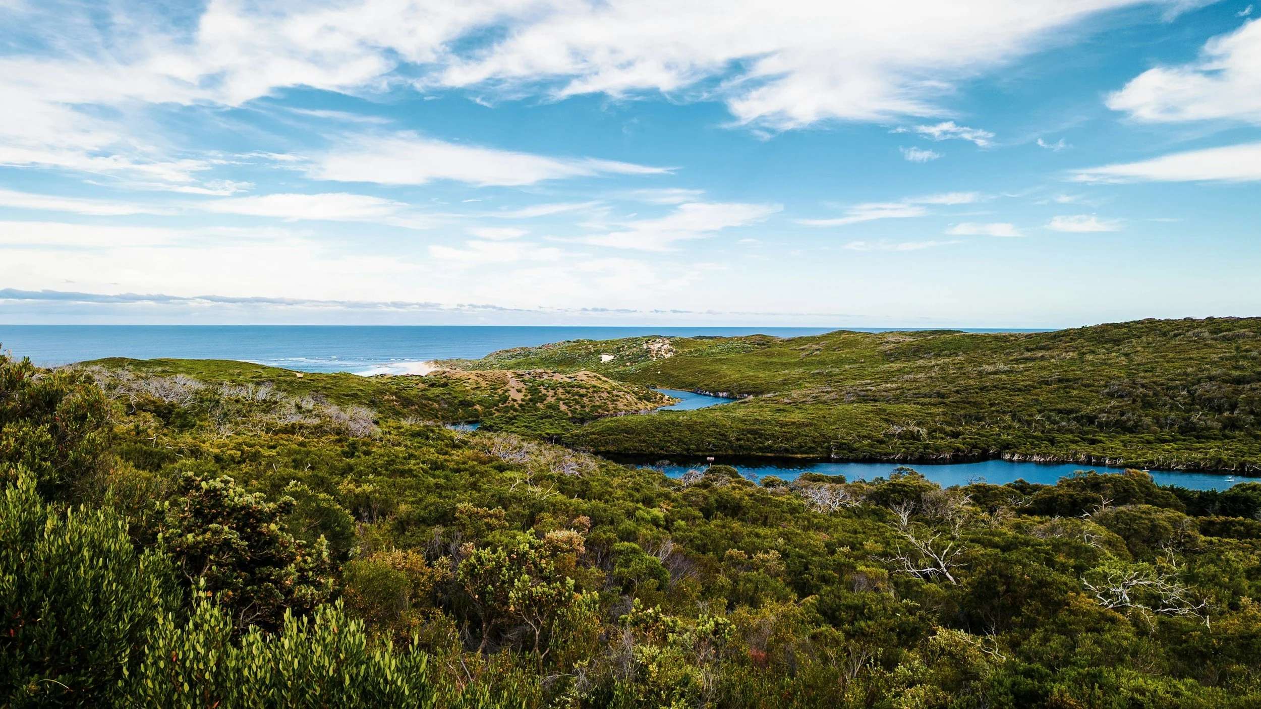 Coastal landscape with green hills, winding river, ocean in the background, blue sky with white clouds.