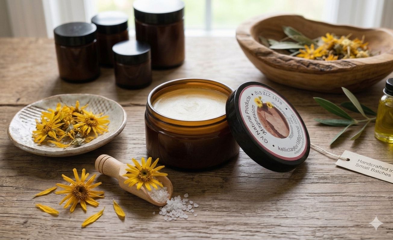 Open jar of handmade balm on wooden table surrounded by yellow flowers, small salt scoop with salt, and various containers and bowls with herbs and ingredients for natural skincare.
