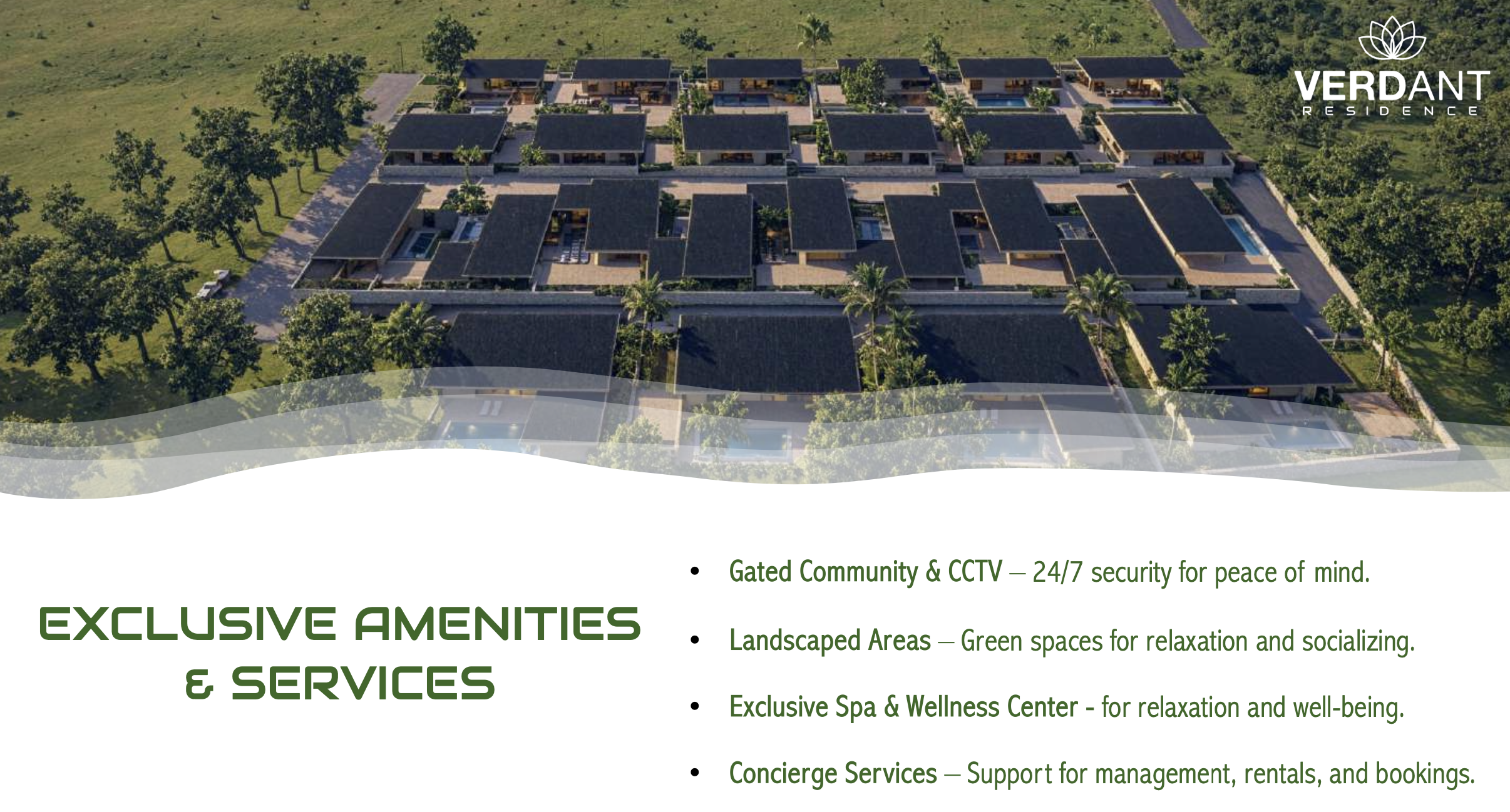 Aerial view of a gated residential community with single-story homes, lush landscaping, and trees. The image promotes Verdant Residence and highlights exclusive amenities such as gated security, landscaped areas, spa and wellness center, and concierge services.