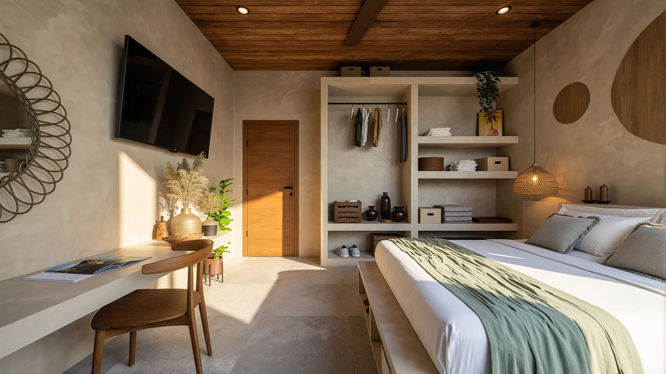 Sunlit modern bedroom with a bed, open closet, wall-mounted TV, and minimal decor.