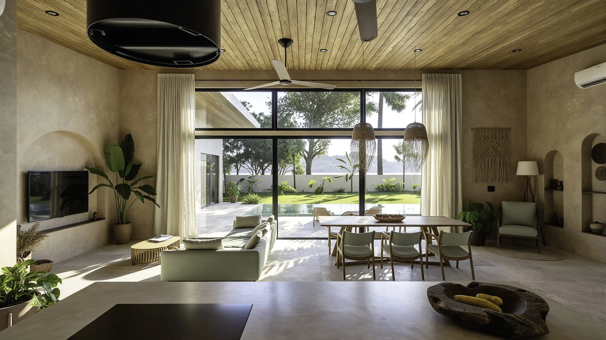 Living room with large glass sliding doors opening to a backyard with a swimming pool, green grass, and trees. The room has light-colored walls, a green sofa, a wooden dining table with chairs, and tropical plants. Ceiling fan and hanging pendant lig