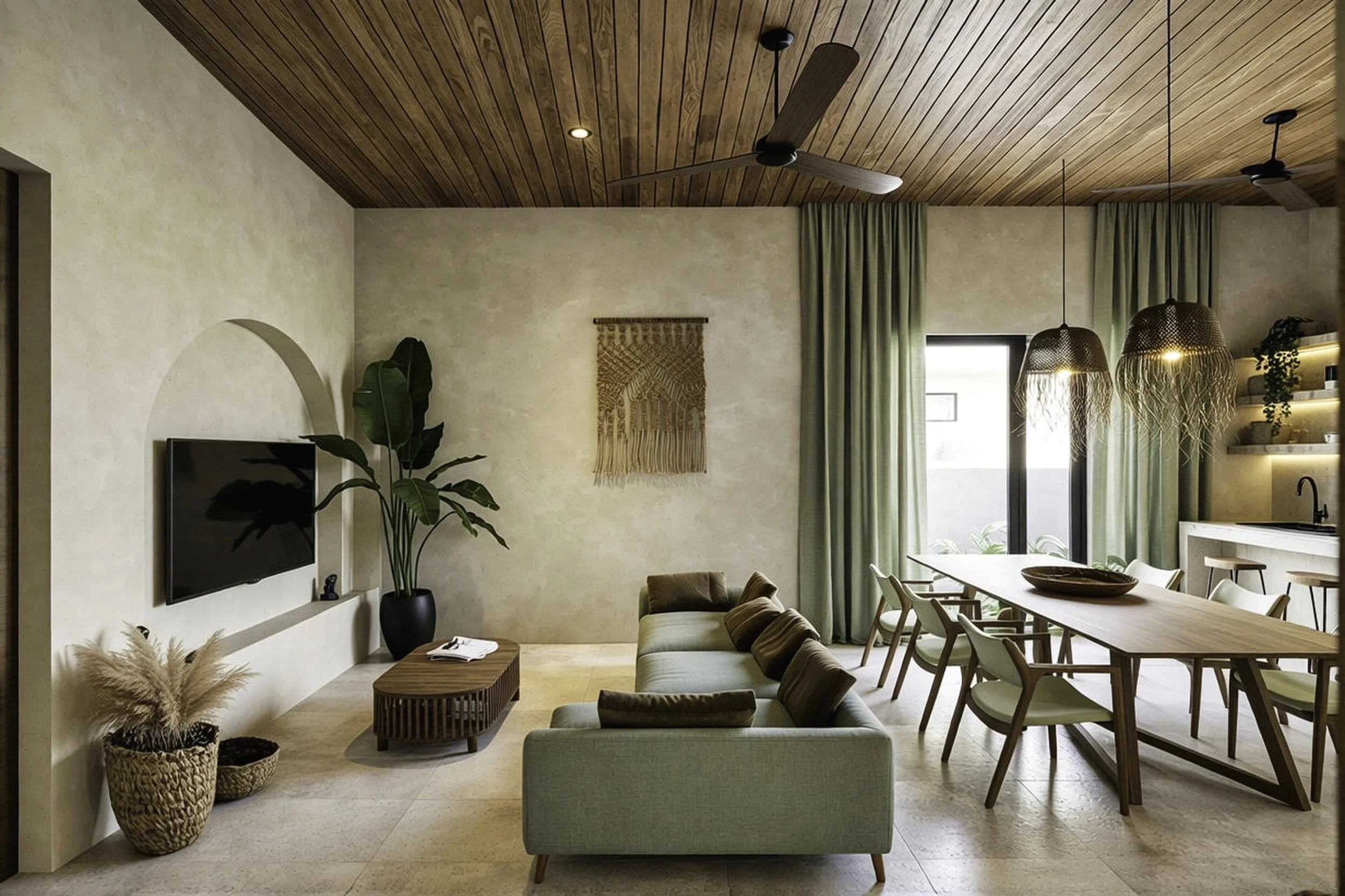 A modern living room and dining area with a wooden ceiling, ceiling fans, a wall-mounted TV, green curtains, a potted plant, a sofa with pillows, a dining table with chairs, pendant light fixtures, and open shelves with decor items.