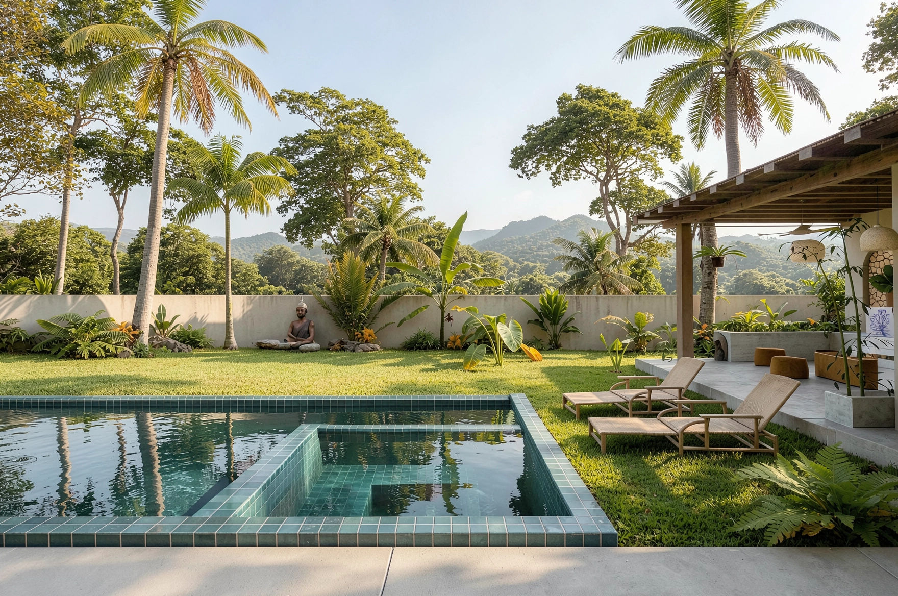 A backyard with a small swimming pool, lounge chairs, lush greenery, tall palm trees, a stone Buddha statue, and mountain views in the background during daytime.