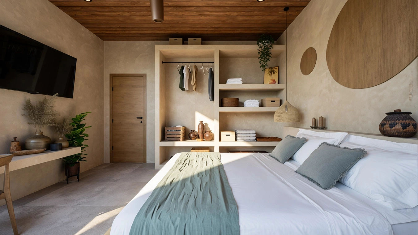 A modern bedroom with a bed, pillows, a beige headboard, and built-in shelves with folded towels and decorative items. A flat-screen TV is mounted on the wall, and there are plants and vases for decor. The room has a wooden ceiling and neutral-colore