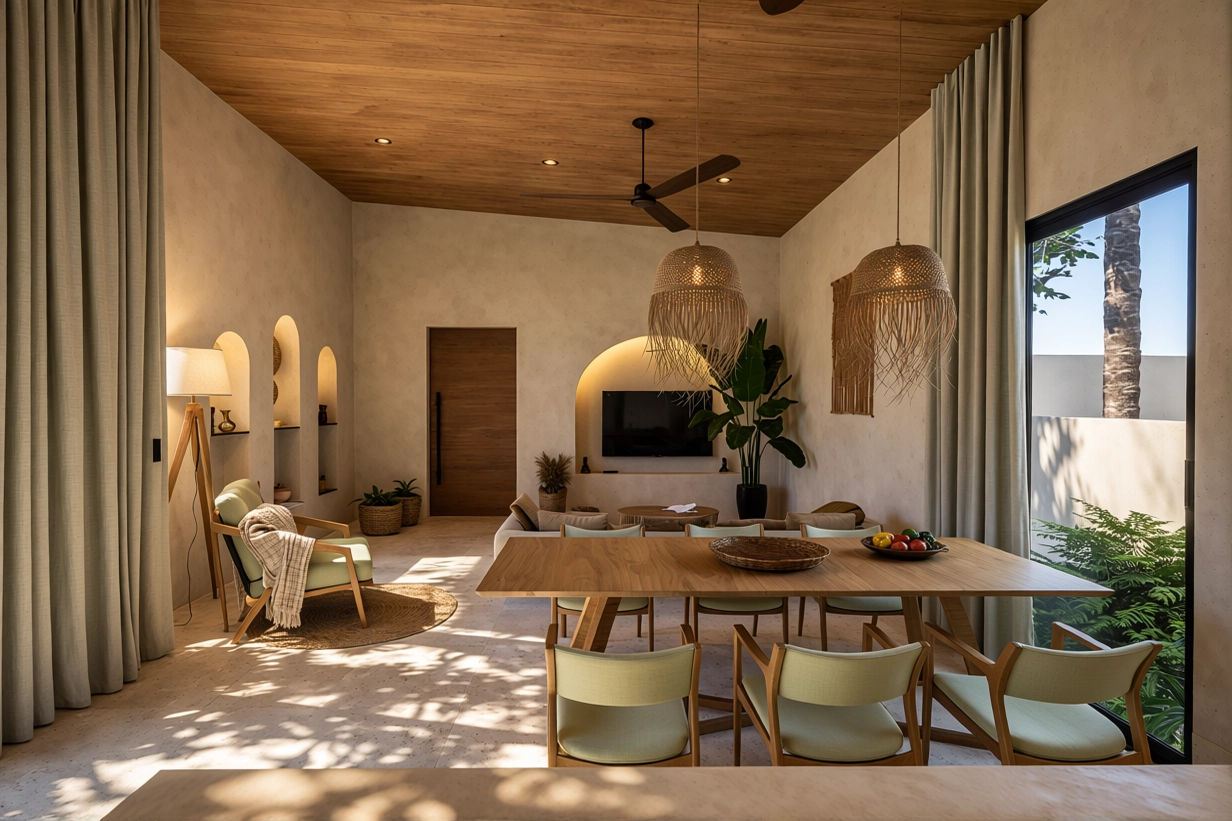 A modern dining and living area with wooden ceiling, beige walls, a large wooden dining table with six chairs, hanging wicker pendant lights, a large potted plant, a wall-mounted TV, a green armchair with a blanket, and sliding glass doors revealing 