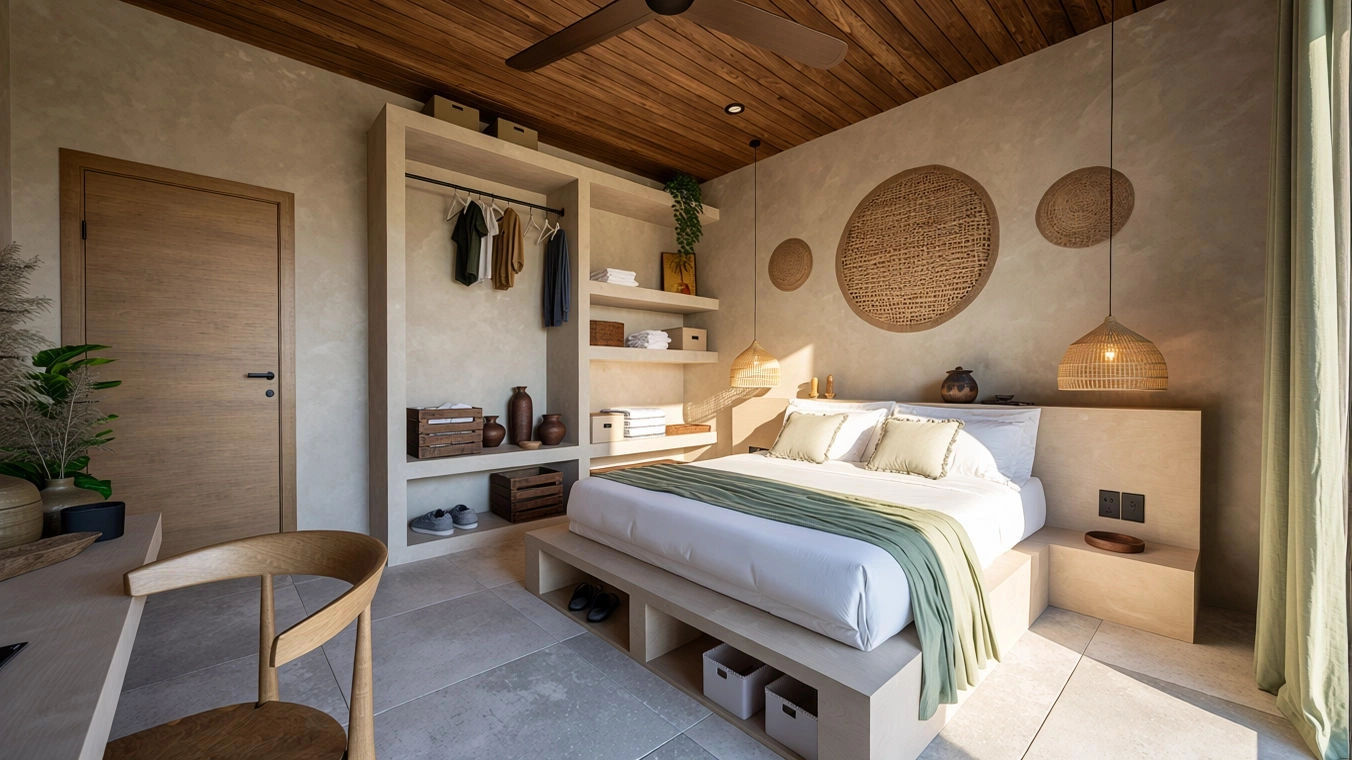 A modern bedroom with a wooden ceiling, beige walls, and a large bed with a white headboard, pillows, and a green blanket, illuminated by two hanging wicker pendant lights. There are built-in shelves with decor and towels, and a door on the left side