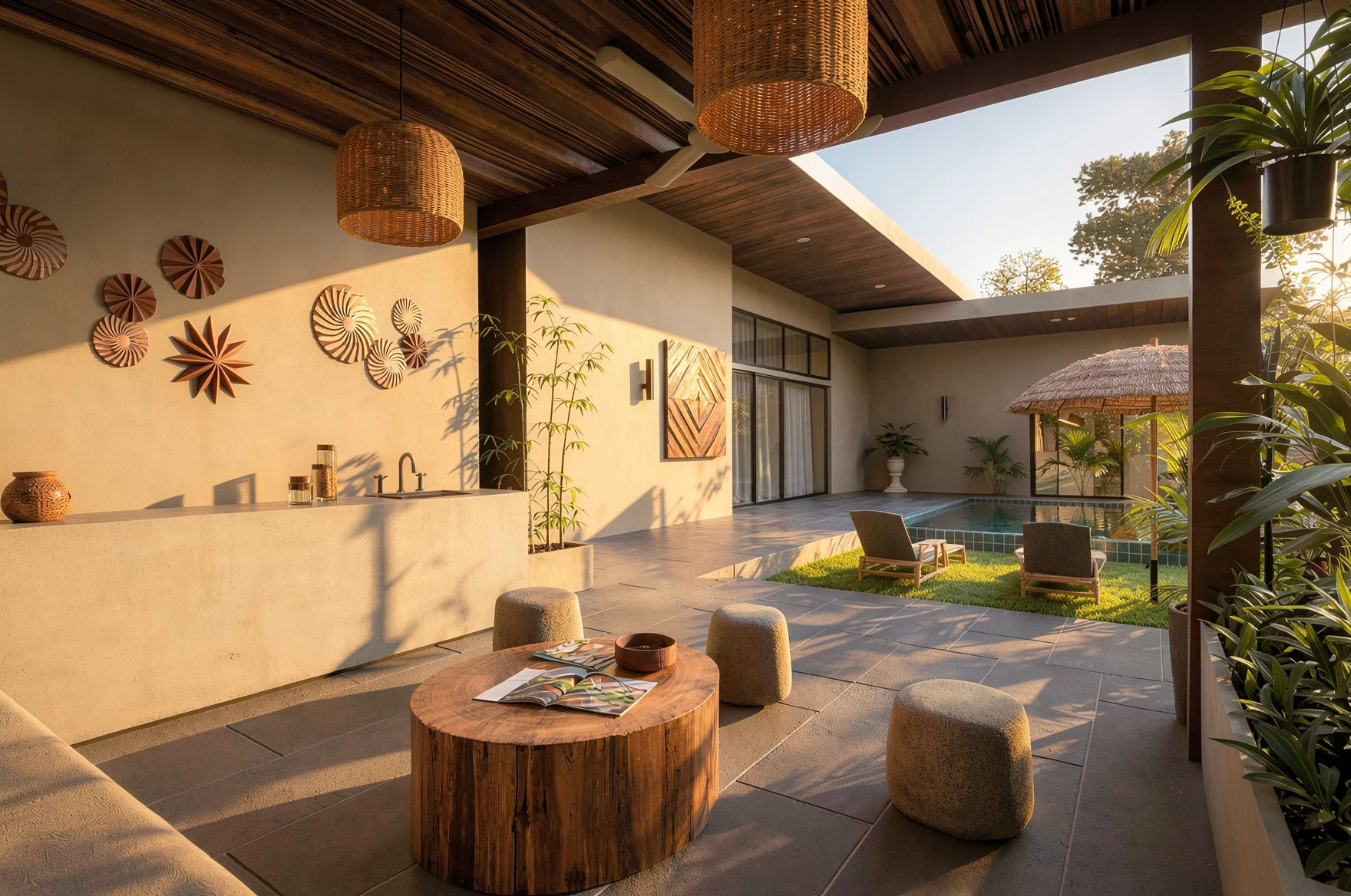 Luxury poolside patio with lounge chairs, wicker umbrella, decorative wall artworks, and lush greenery