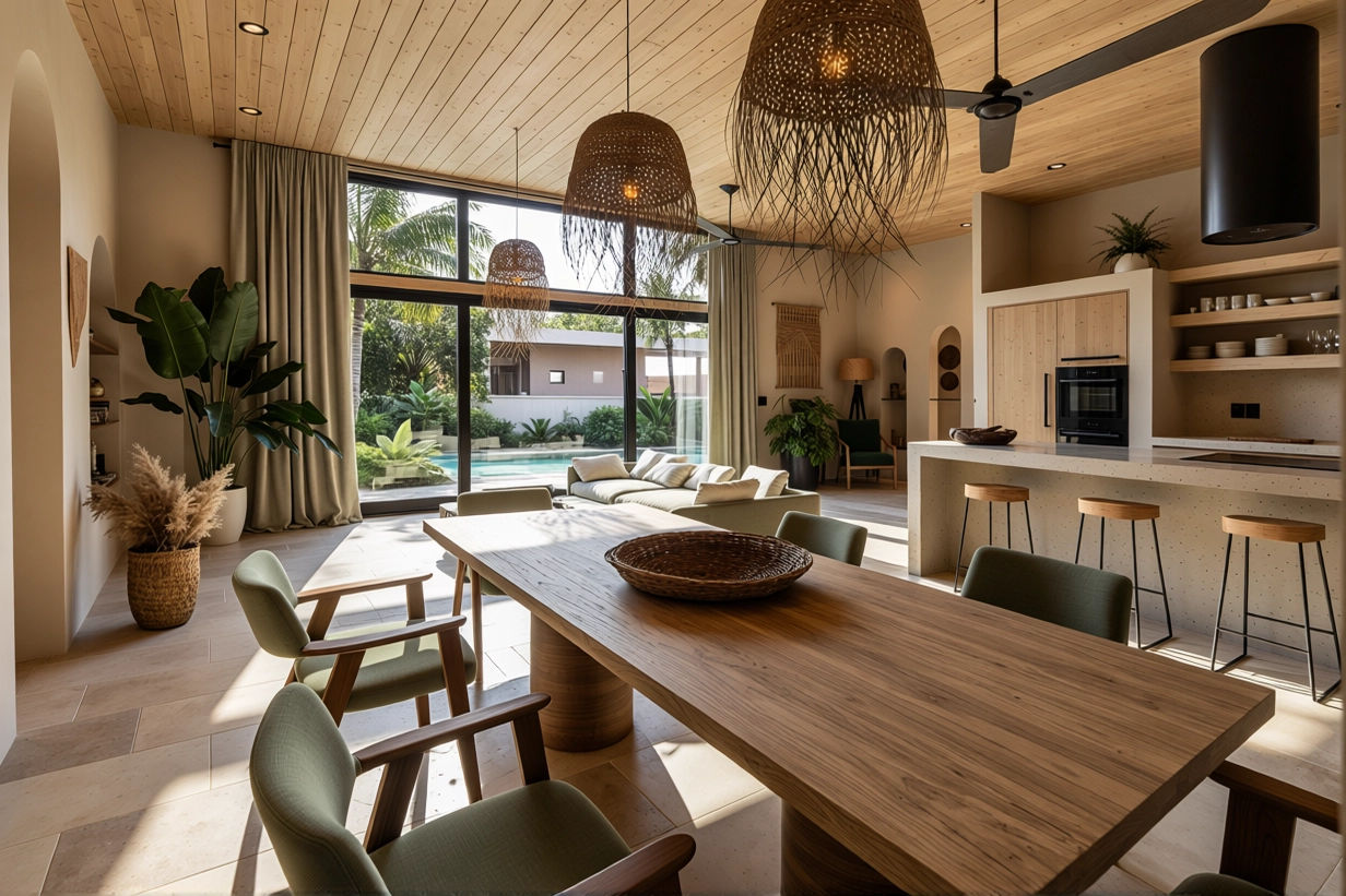 Open living room and kitchen with large sliding glass doors showing a backyard with a pool, tropical plants, and palm trees. The room has a wooden ceiling, pendant lights, a dining table with chairs, bar stools at a breakfast bar, and decorative plan