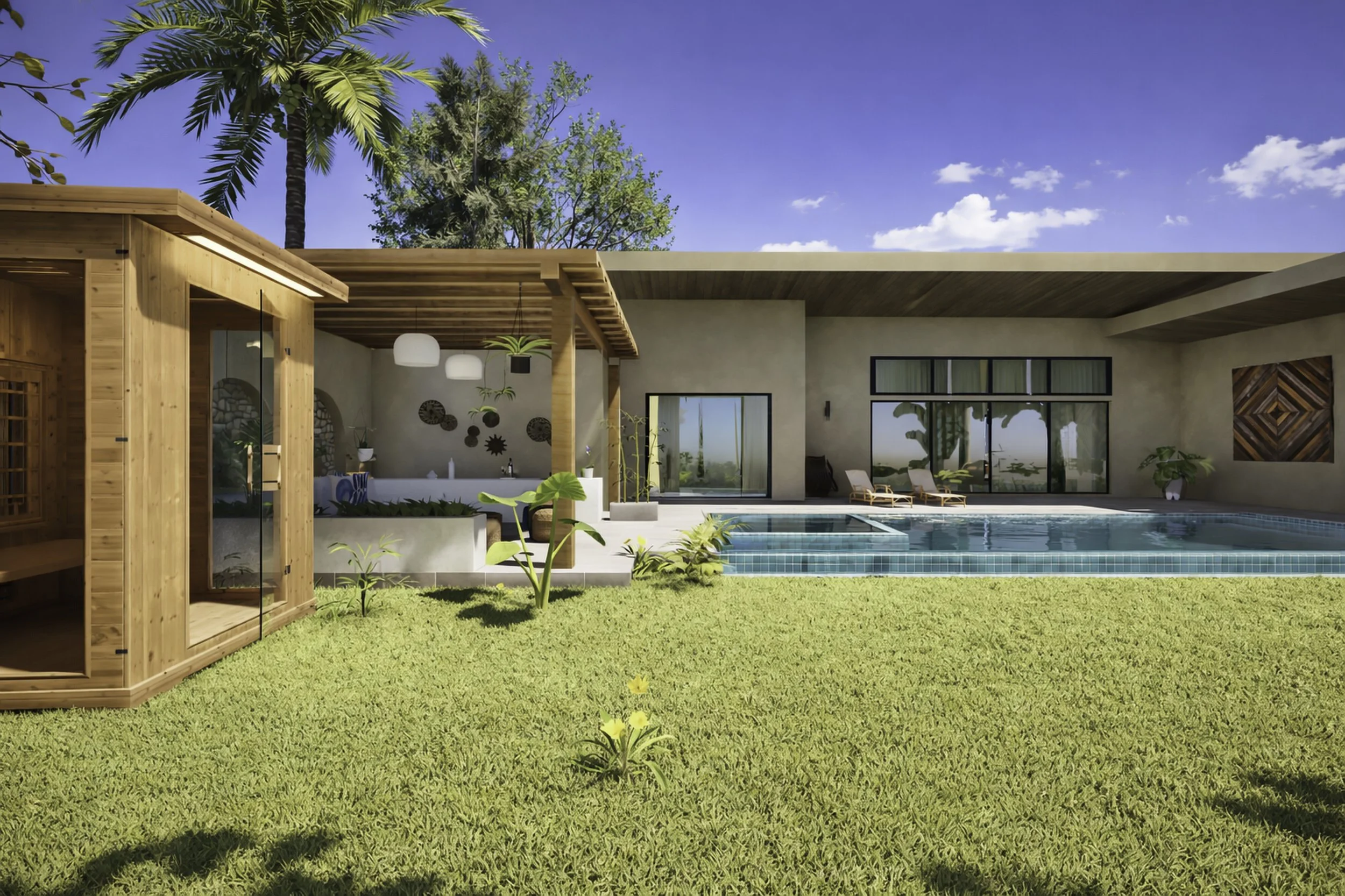 Modern backyard with a swimming pool, wooden cabana on the left, palm trees, green grass, lounge chairs by the pool, and a clear blue sky.