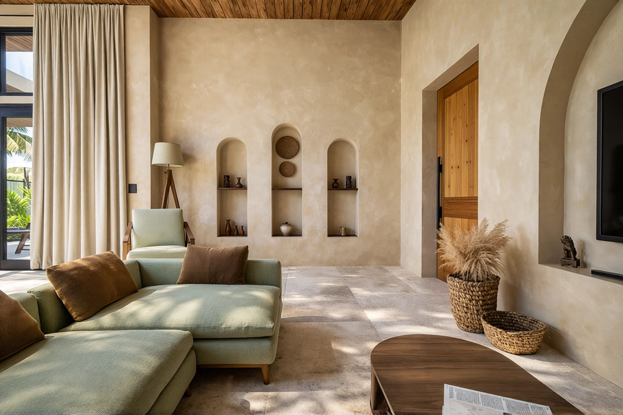 A living room with beige walls, a wooden ceiling, and large sliding doors with curtains. There is a light green sectional sofa with brown pillows, a wooden coffee table, a light green armchair, a floor lamp, and built-in wall niches with decorative i