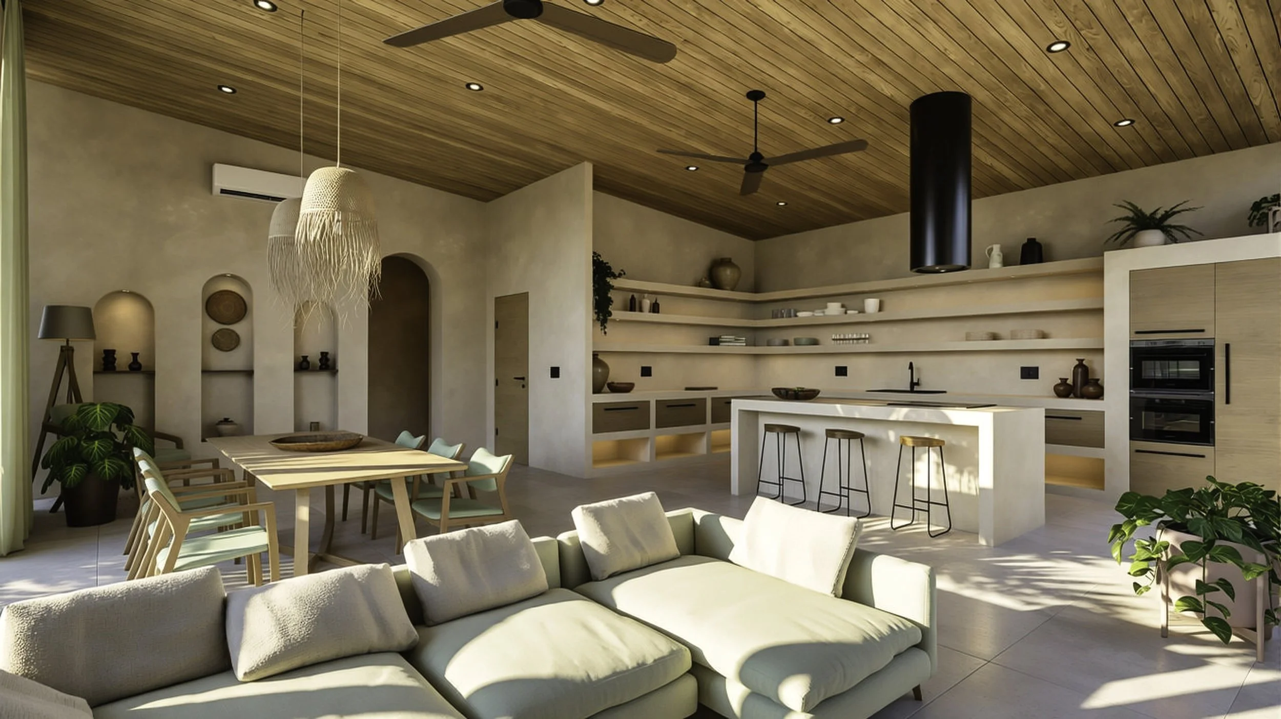 Modern open-plan living room and kitchen with wooden ceiling, beige walls, and ample natural light; includes a green sofa, dining table with chairs, kitchen island, open shelving, and indoor plants.