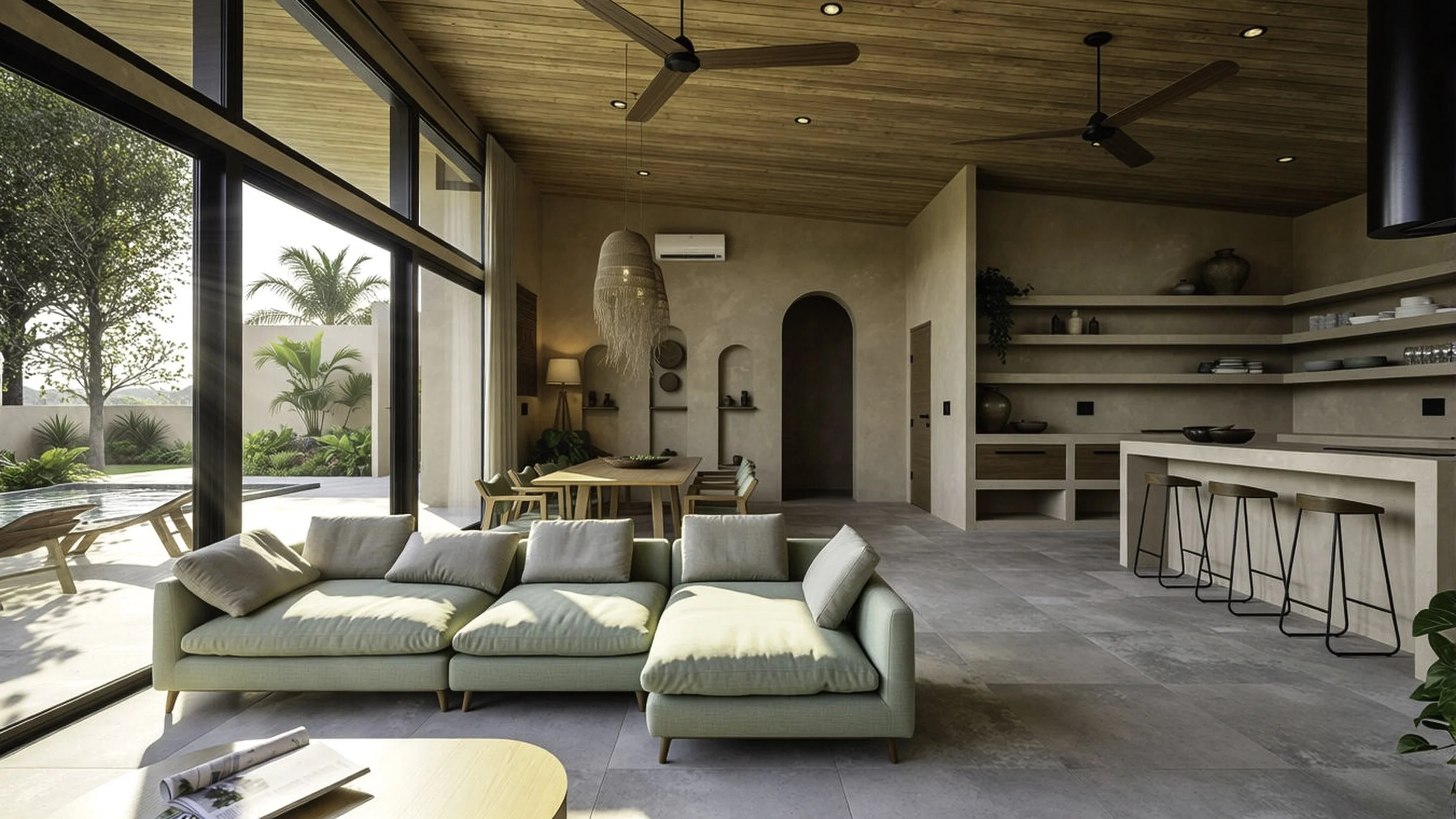 Modern living room with large glass sliding doors opening to a garden, light-colored sofa, wooden dining table with chairs, open kitchen with shelves, bar stools, and ceiling fans, natural light, and minimalistic decor.