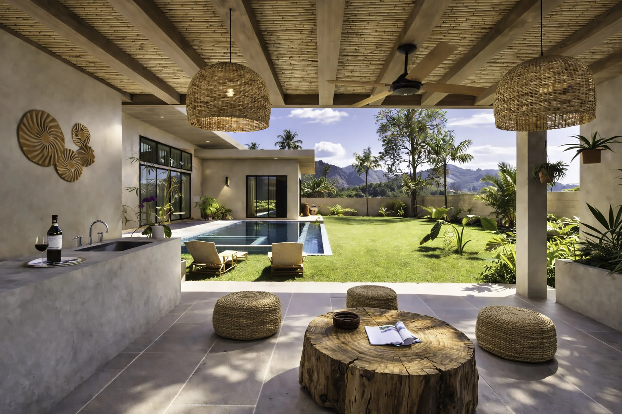 Outdoor patio with a view of a swimming pool, lounge chairs, lush greenery, and mountains in the background, under a wooden ceiling with hanging wicker lamps.