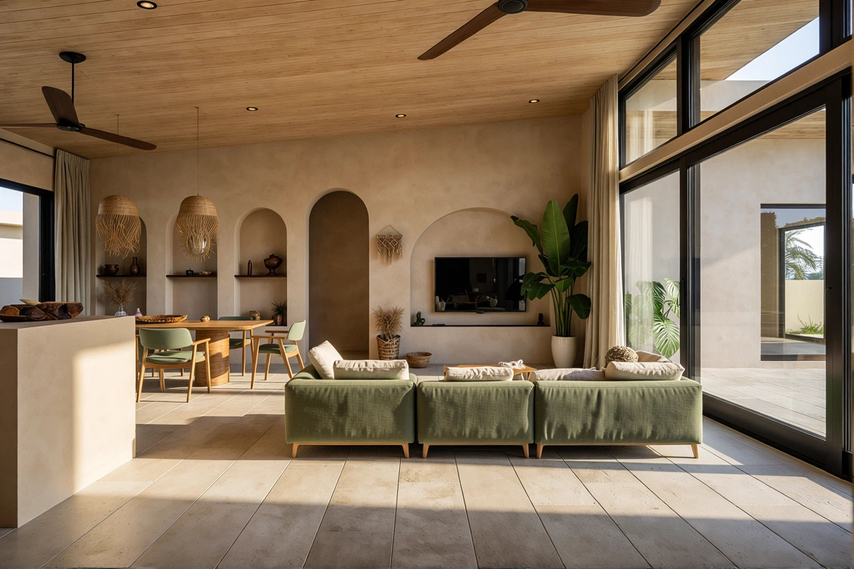 Living room with beige walls, large glass sliding doors, and wooden ceiling. Contains a green sectional sofa, potted plants, wall-mounted TV, and dining area with a round table and chairs. Decor includes woven hanging light fixtures and niche shelves