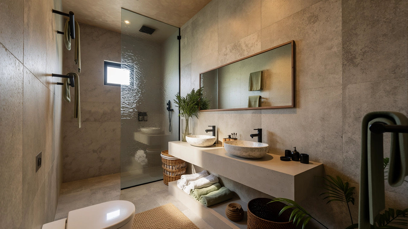 Modern bathroom with double vessel sinks, large mirror, walk-in shower with glass partition, green towels, and decorative baskets and plants.