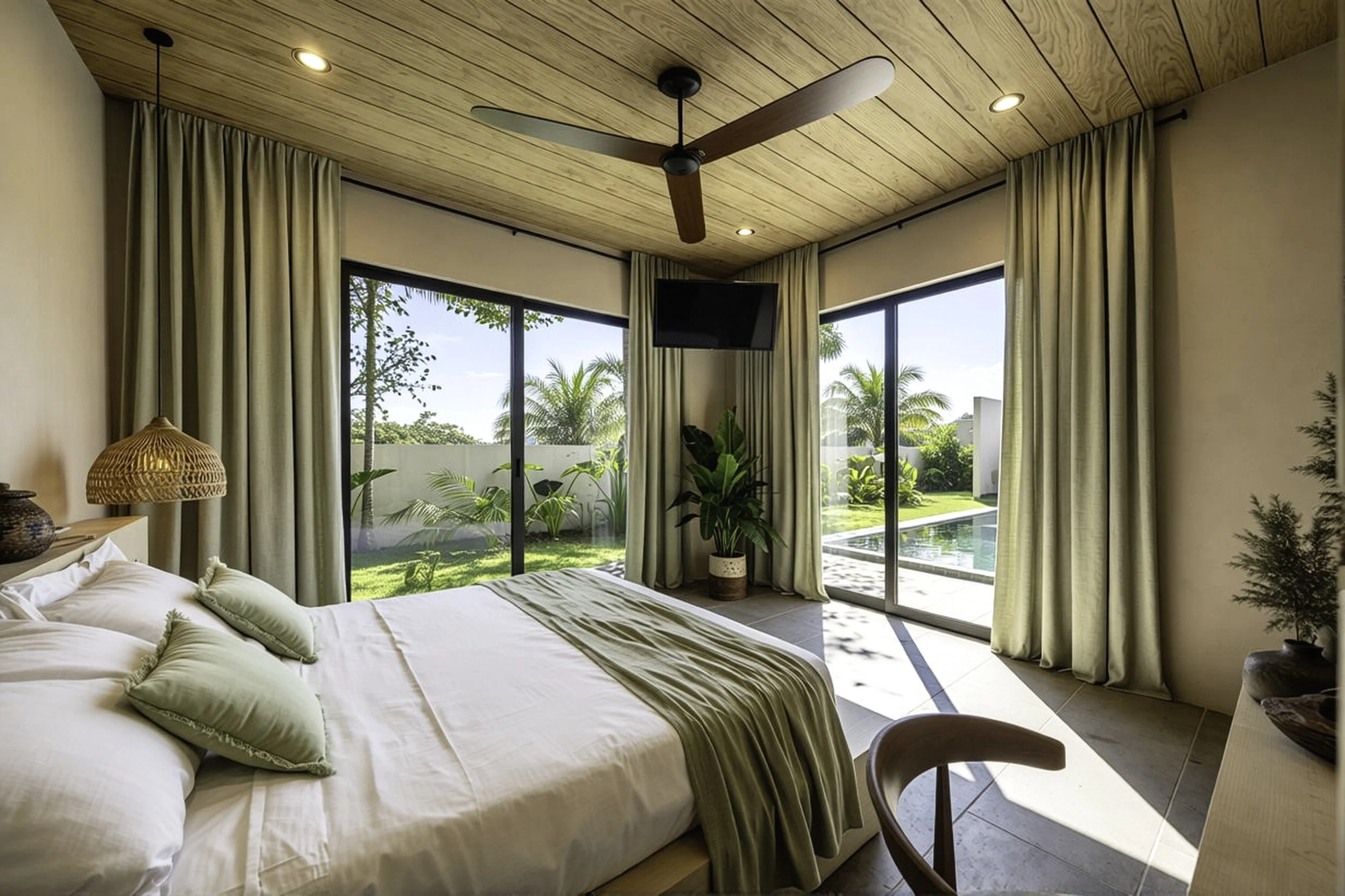 Bedroom with large sliding glass doors opening to a lush backyard with a swimming pool, green plants, and palm trees. The room features a bed with white and green pillows, a wooden ceiling fan, beige curtains, and a small potted plant.