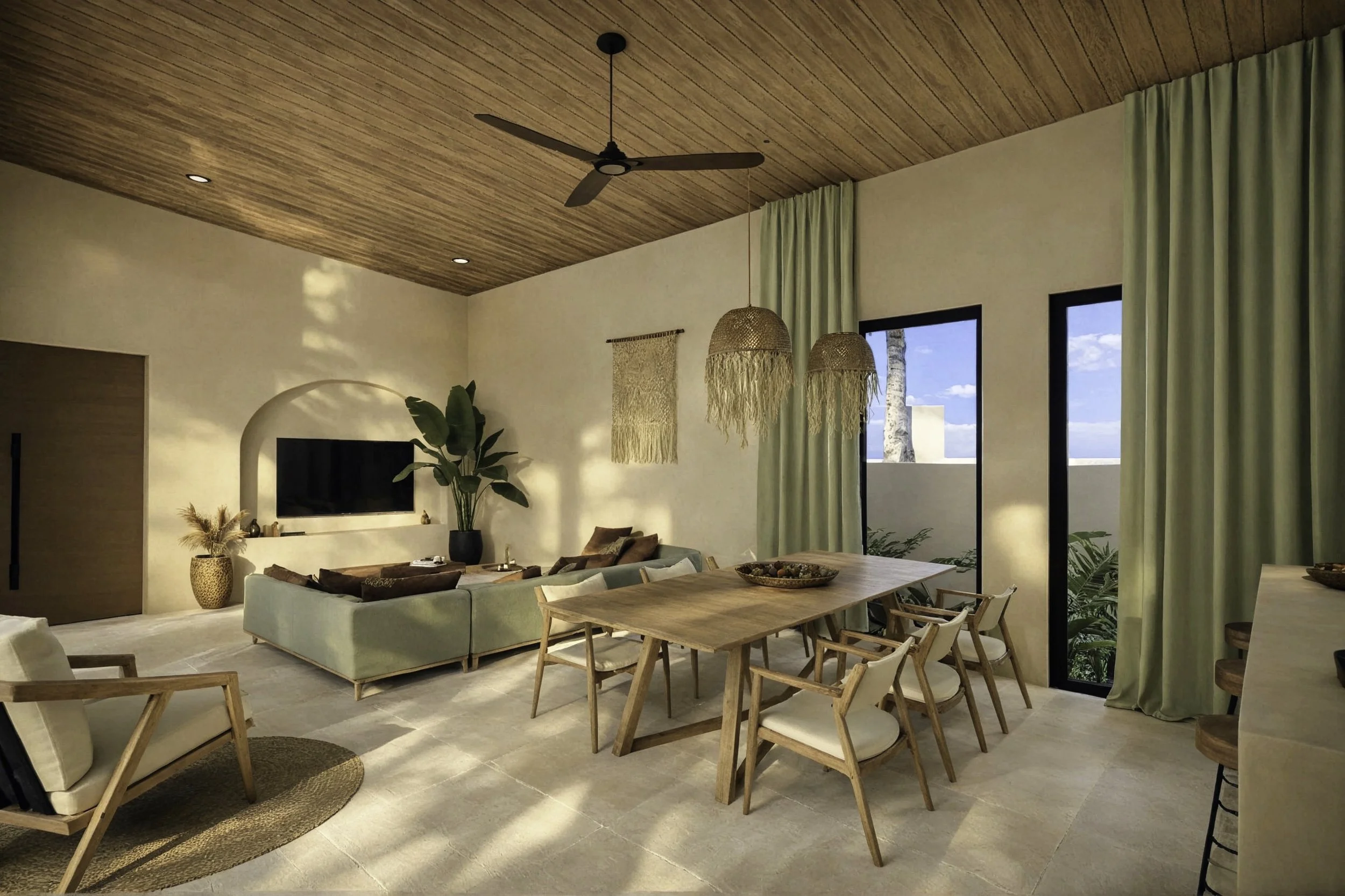 Elegant living room with beige tiled floor, wooden ceiling, large windows with green curtains, a light green sofa, a round jute rug, a wooden dining table with white chairs, and tropical plants outside.
