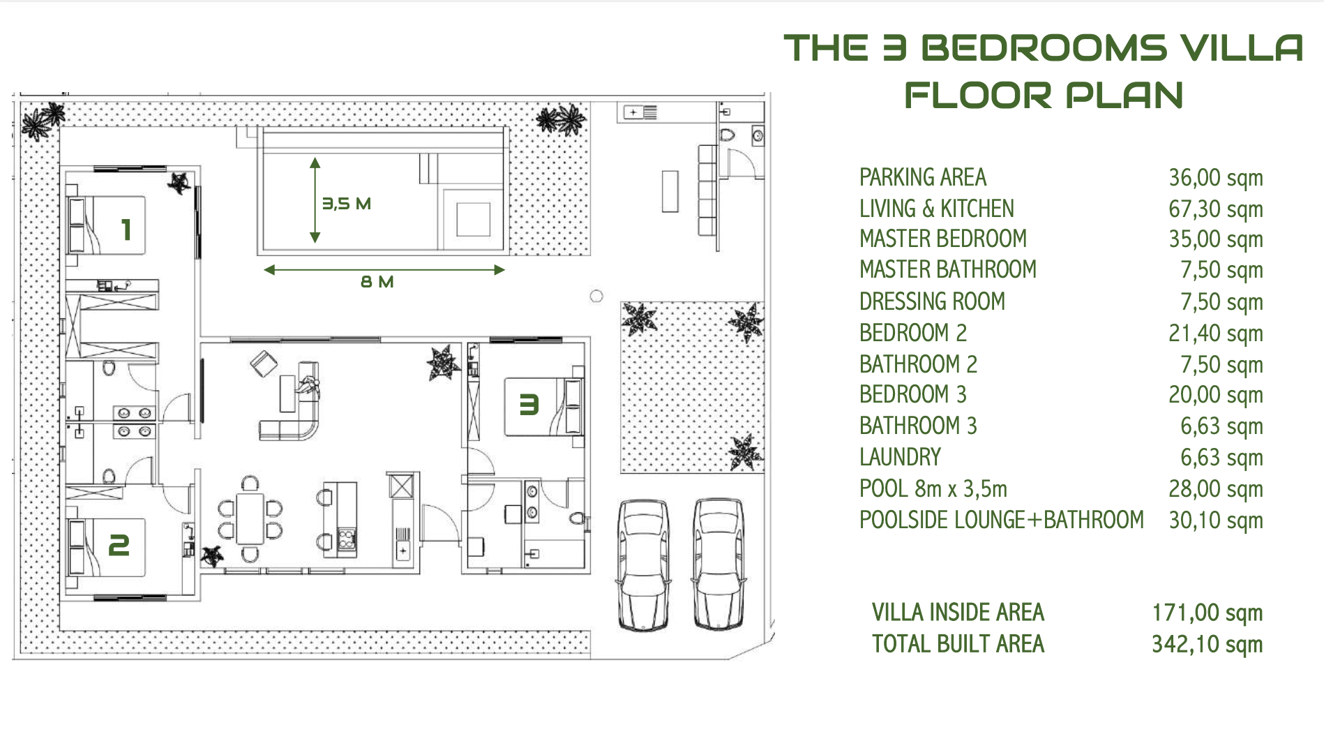 Floor plan of a villa with three bedrooms, various rooms labeled, and an outside swimming pool, parking spaces, and landscaped areas.