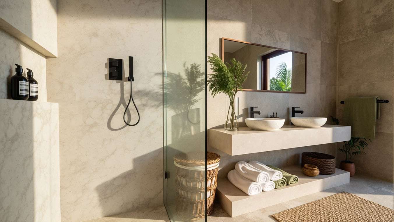 Modern bathroom with double vessel sinks, a large mirror, and natural decor including a basket, towels, and plants. There is a walk-in shower with black fixtures and a glass screen.