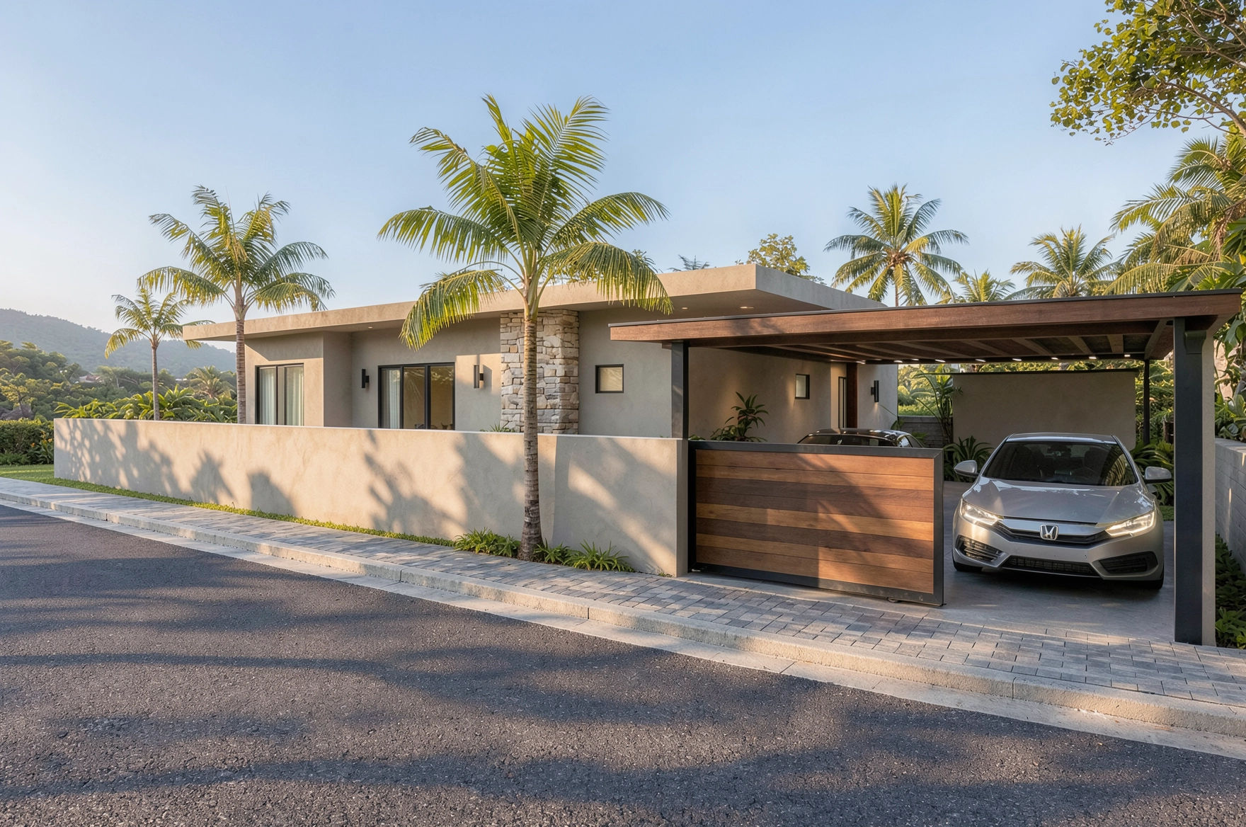 Modern house with beige walls, stone accents, and a wooden carport with parked Honda car, surrounded by palm trees.