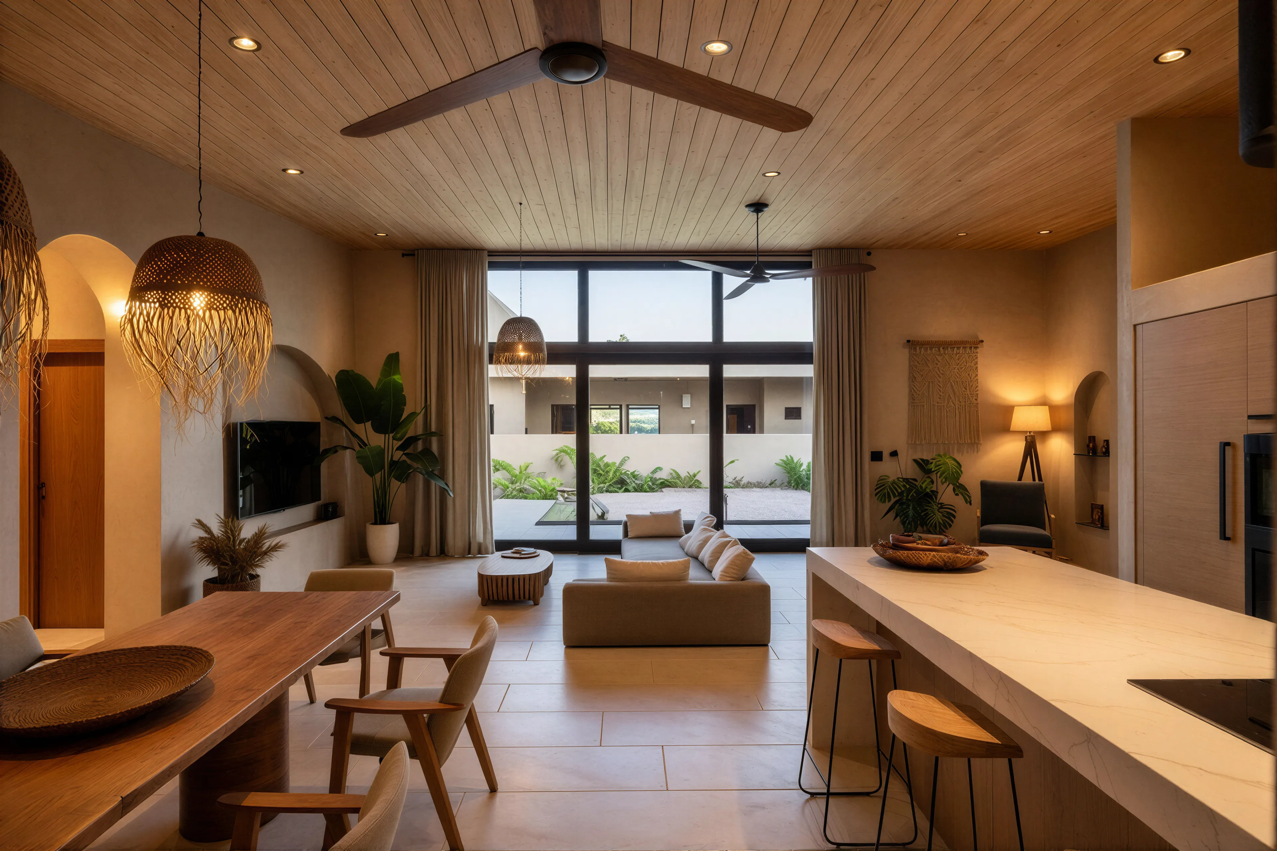 Living room with wooden ceiling, large windows, beige sofa, potted plants, dining table with chairs, pendant lights, and bar stools at the kitchen island.