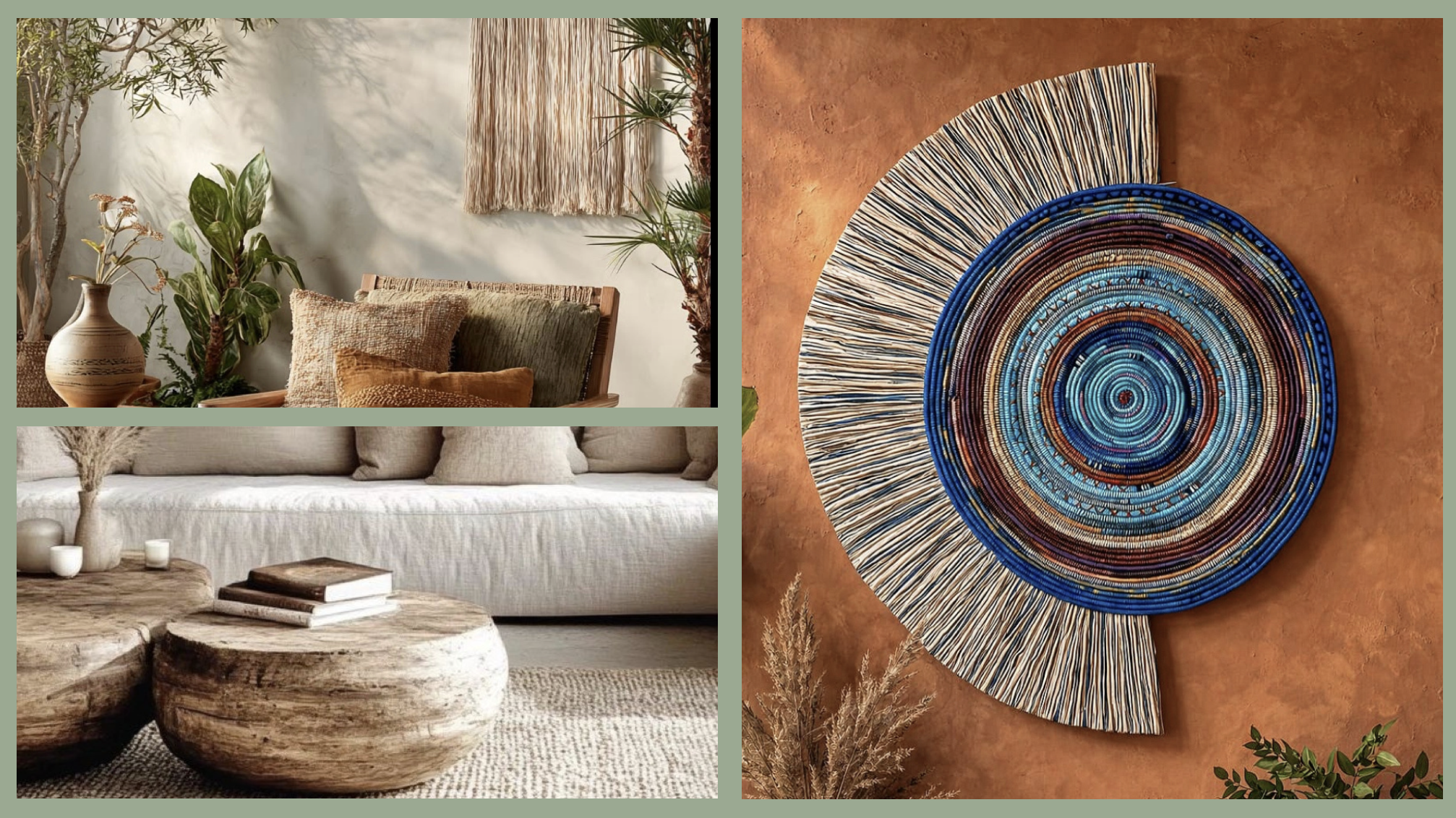 Collage of three images featuring natural and rustic interior decor. The top left shows a cozy living space with beige walls, a wooden bench with cushions, and plants. The bottom left depicts a white sofa with cushions and a rustic wooden coffee table with books and decorative items. The right side displays a wall hanging art piece made of colorful beads arranged in concentric circles, with a fan-shaped design on a warm-toned wall surrounded by dried plants.