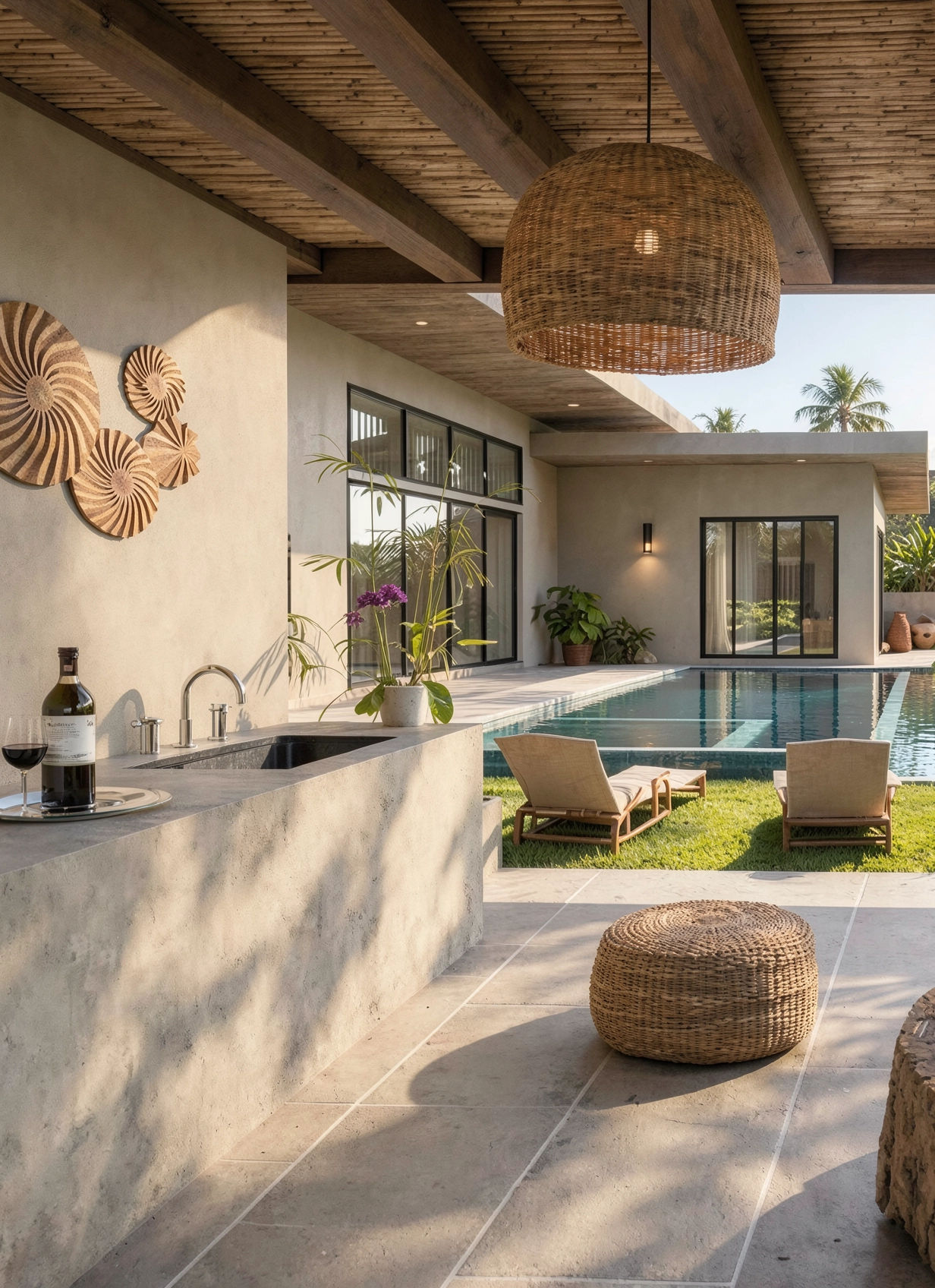 Modern outdoor pool area with lounge chairs, potted plants, and decorative wall art, under a wooden ceiling with hanging wicker light fixtures.