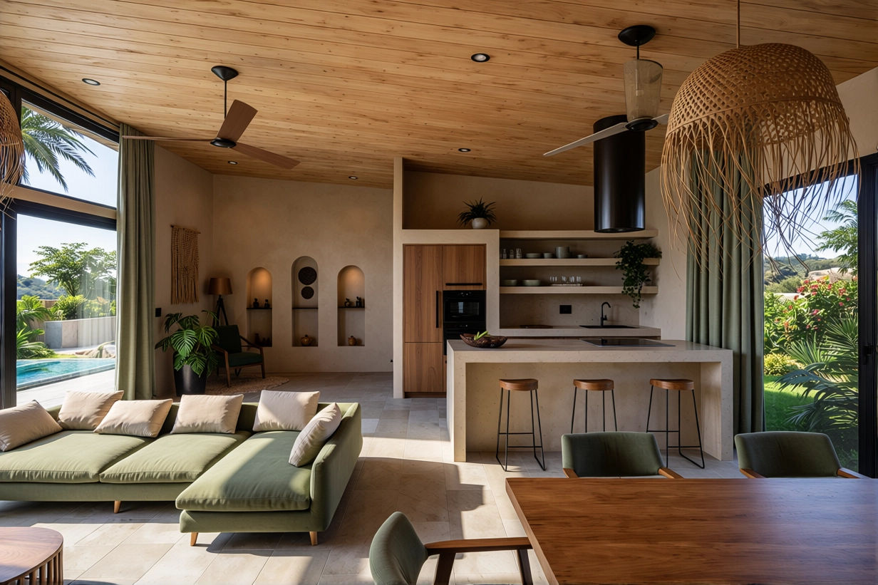 Open-concept living room and kitchen in a modern home with large glass sliding doors, a green sofa, wooden dining table, kitchen island with bar stools, and outdoor view of a pool and garden.