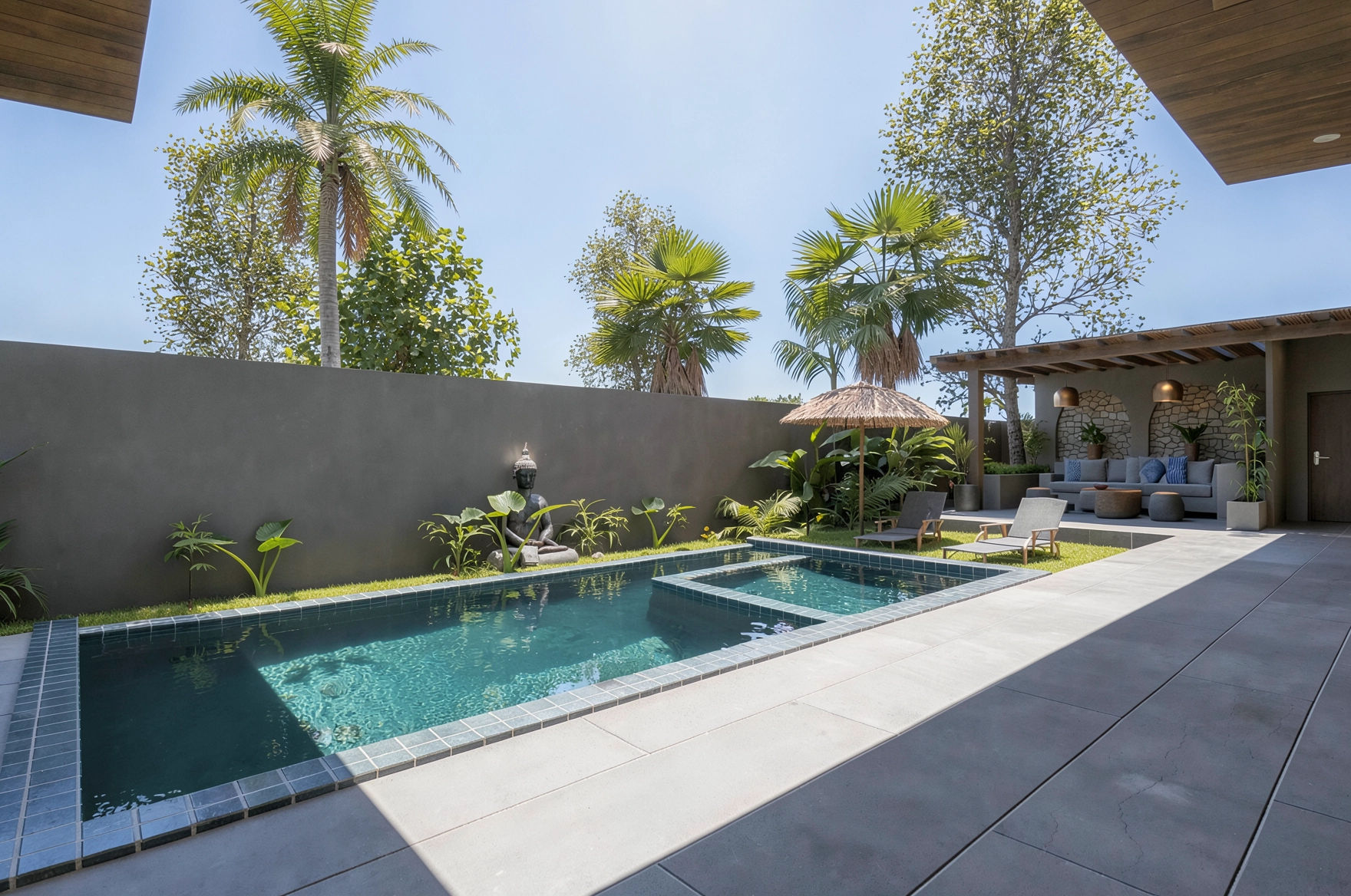 Modern backyard with a small pool, lounge chairs, a shaded seating area, tropical trees, and a tall gray wall.