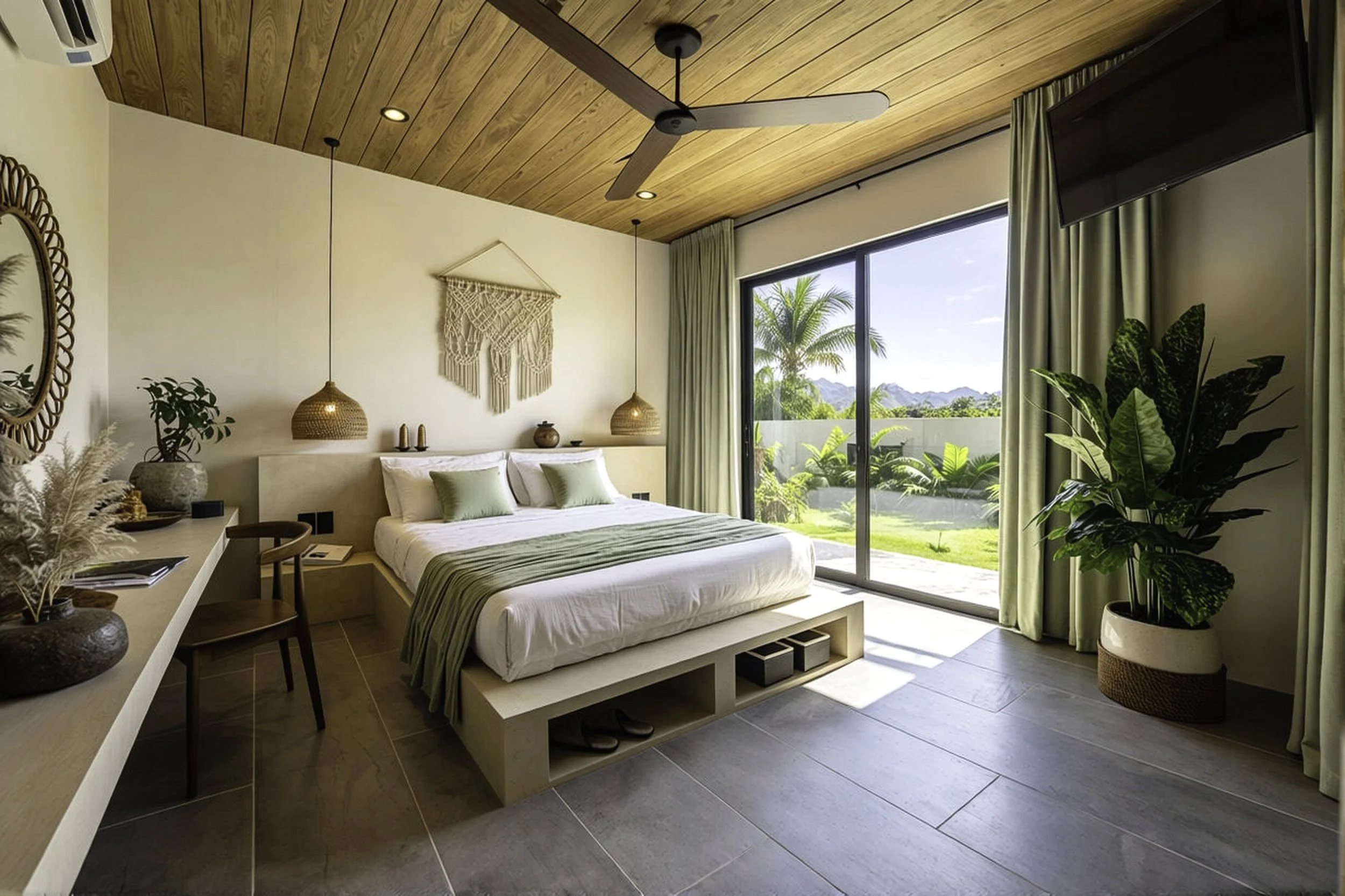 Modern bedroom with large sliding glass door opening to a garden with palm trees and mountains in the background. The room has a wooden ceiling, ceiling fan, beige walls, green curtains, and a large bed with white bedding, green pillows, and a green 