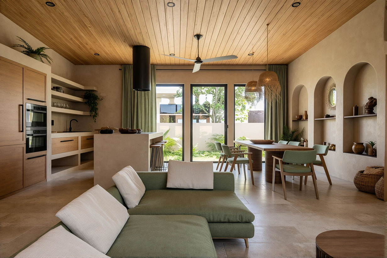 Open-concept living room and kitchen with wooden ceiling, sliding glass doors, green curtains, and natural decor.